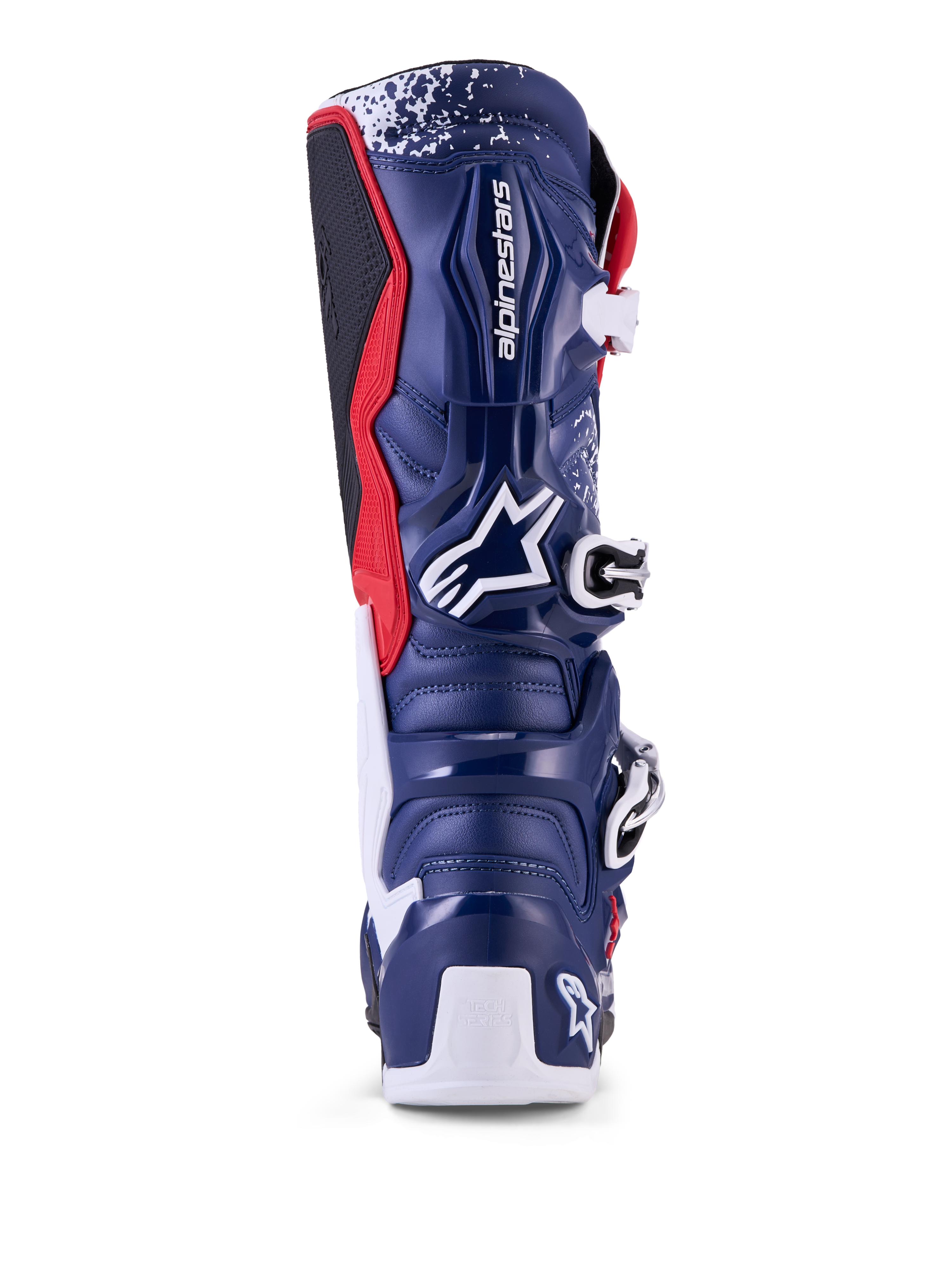 Alpinestars Limited Edition Tech 7 Unity Boots, Red White and Blue motocross boots, rear view showing protective TPU shell.