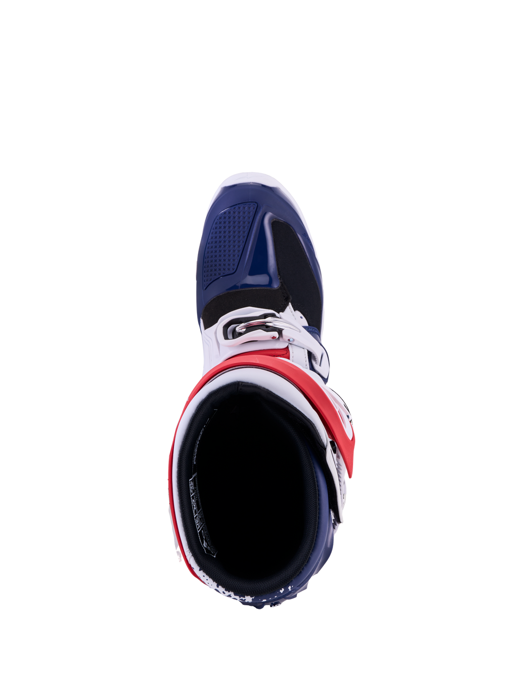 Alpinestars Tech 7 Unity Boots, red, white, and blue motocross racing boots, top-down view with protective TPU panels.