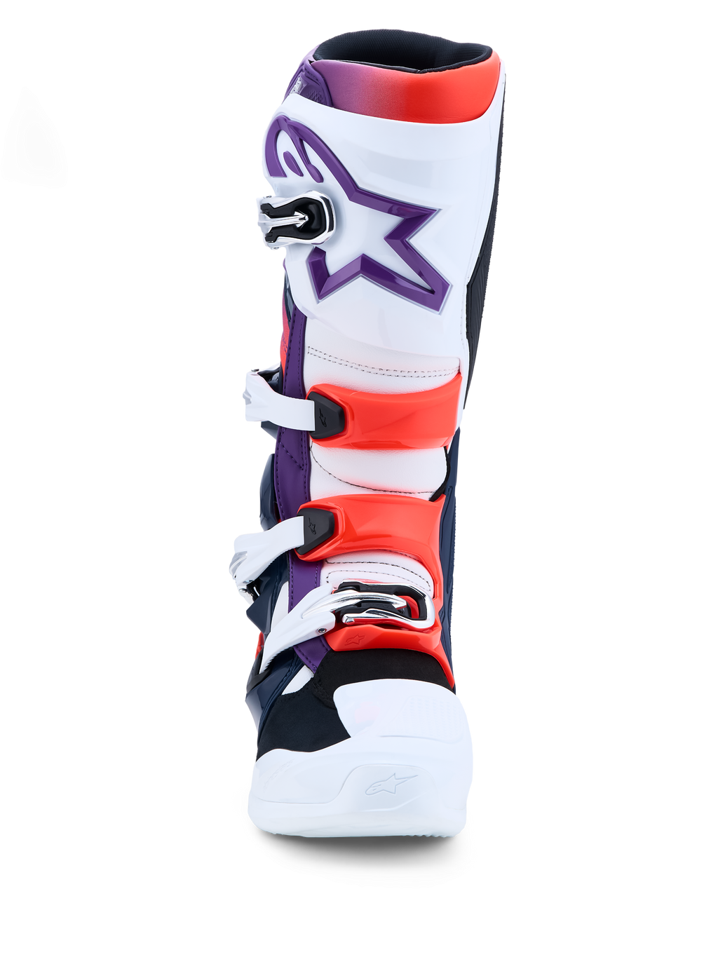 Alpinestars Tech 7 Motocross Boots in purple, white, and red fluo featuring TPU protection and buckle closures.