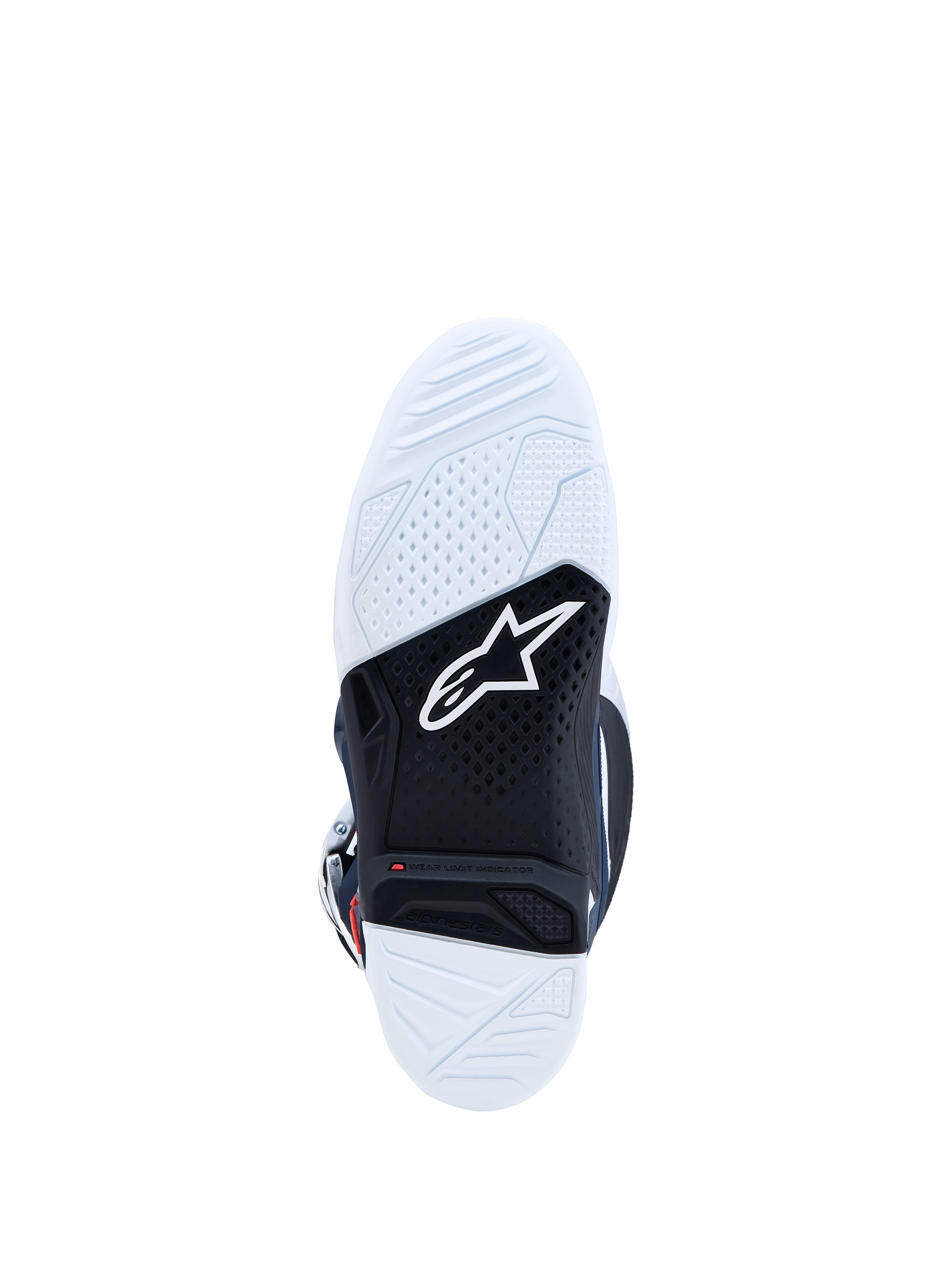 Alpinestars Tech 7 Motocross Boots, white and black dual-compound rubber sole with red wear limit indicator.