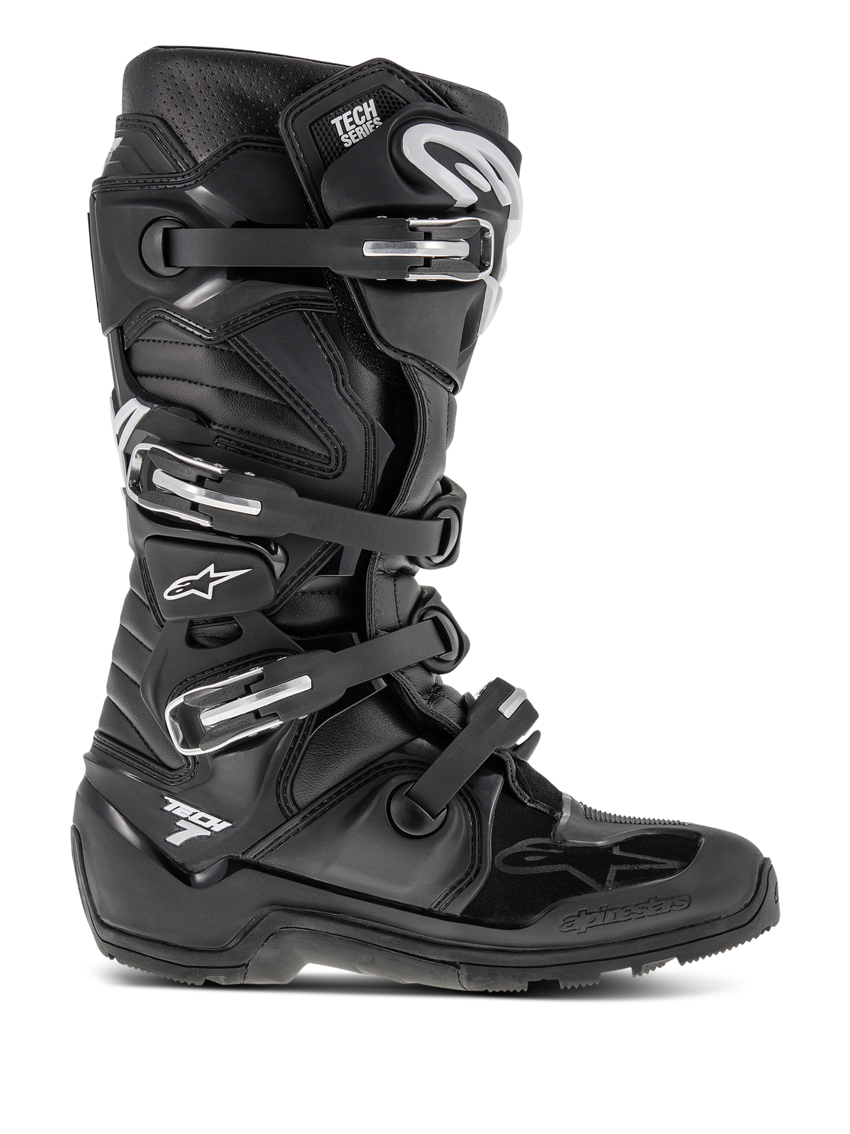 Alpinestars Tech 7 Enduro Boots, Black Motocross Boots, featuring four adjustable buckles and a reinforced TPU chassis, rugged lugged sole for off-road traction, white star logo and Tech 7 branding, durable high-performance footwear for enduro and dirt bike riding