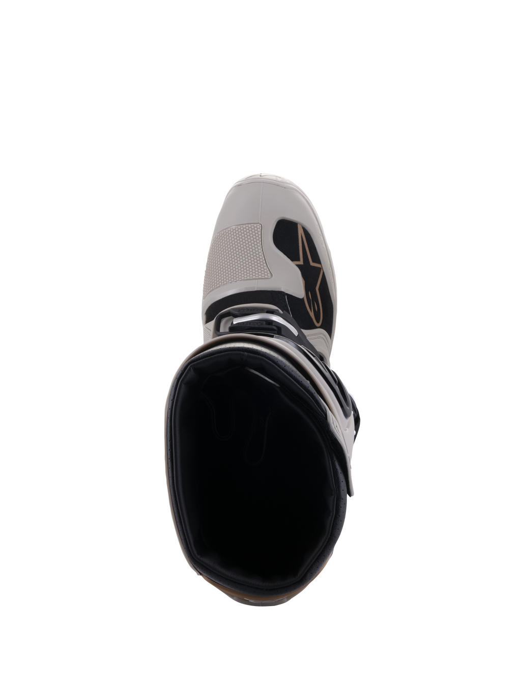 Alpinestars Tech 7 Enduro Drystar® Boots, Gray Sand, top-down view looking into the boot opening and at the reinforced toe, featuring black accents and the Alpinestars logo, waterproof off-road motorcycle footwear