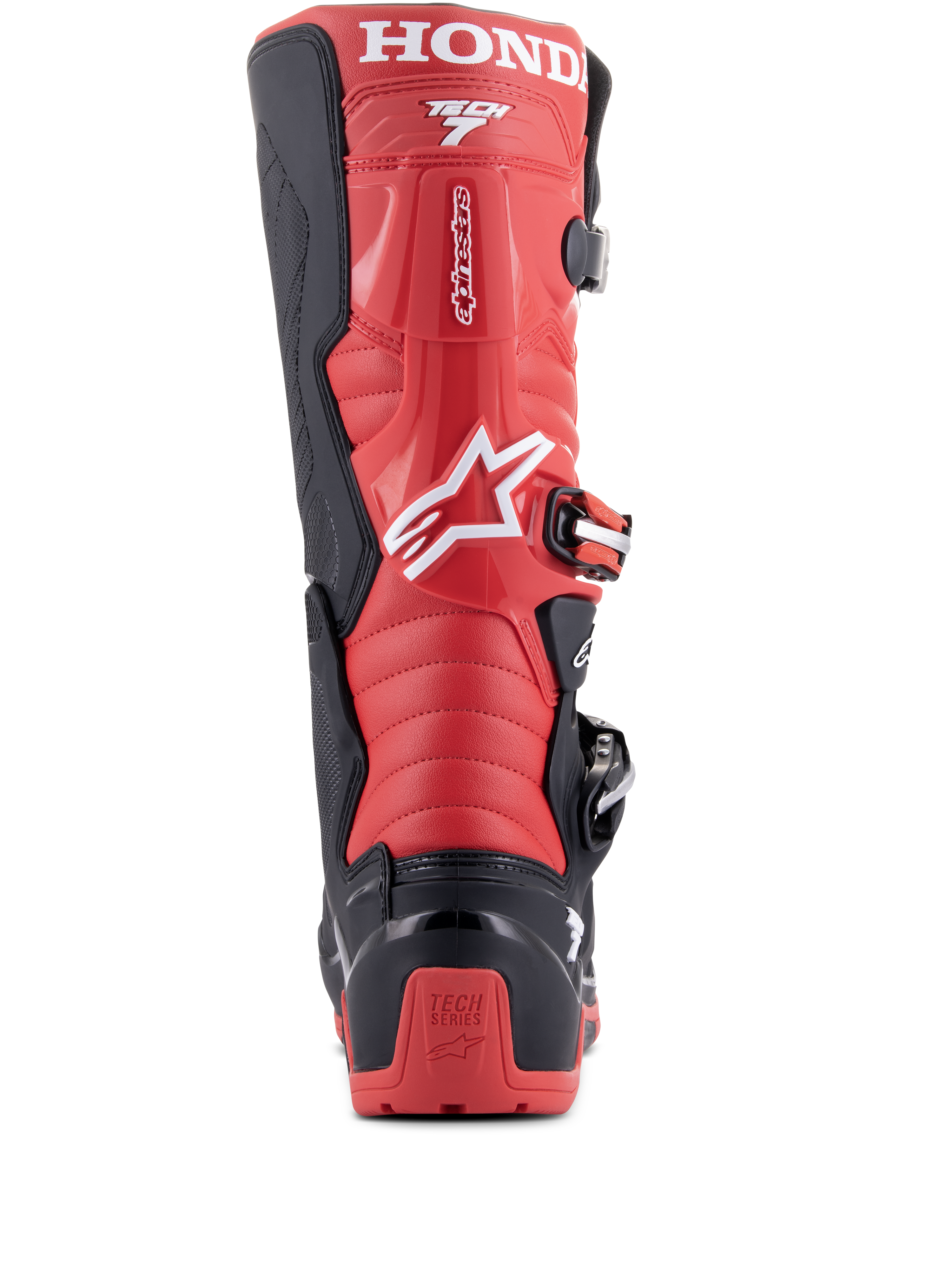 Alpinestars Honda Tech 7 Enduro Drystar® Boots, Black and Bright Red, Rear view featuring prominent HONDA branding on the upper calf, TPU heel protector with Tech Series logo, and secure buckle closure system