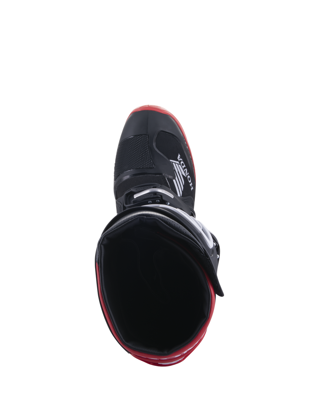 Honda Tech 7 Enduro Drystar® Boots, Black and Bright Red, top-down view looking into the boot interior, featuring Honda logo on the side, red accents on the sole, waterproof construction for off-road riding