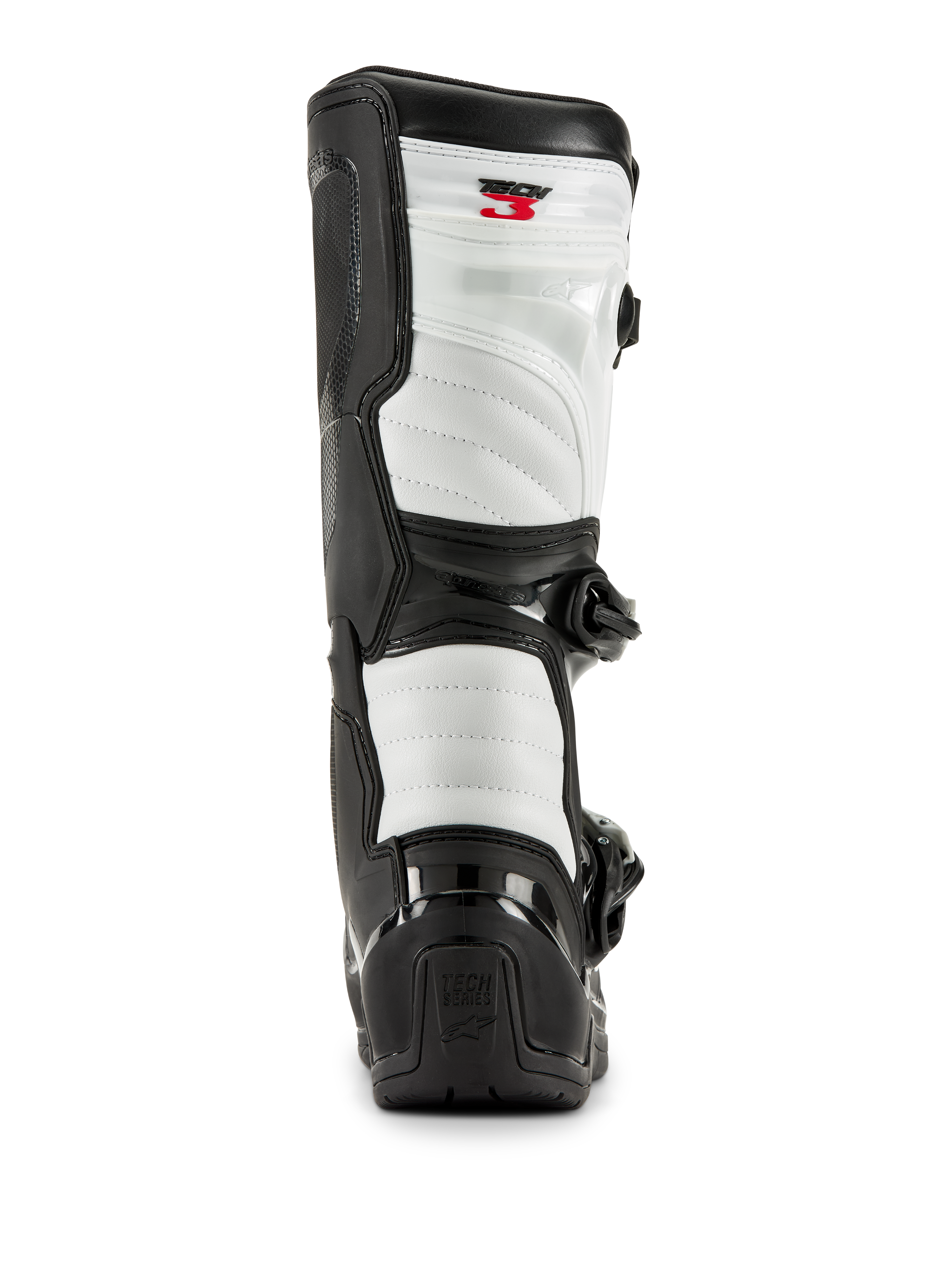 Alpinestars Tech 3 Boots in Black and White, rear view showing white padded panels, black TPU heel protector with Tech Series logo, and red Tech 3 branding at the top, professional motocross footwear.