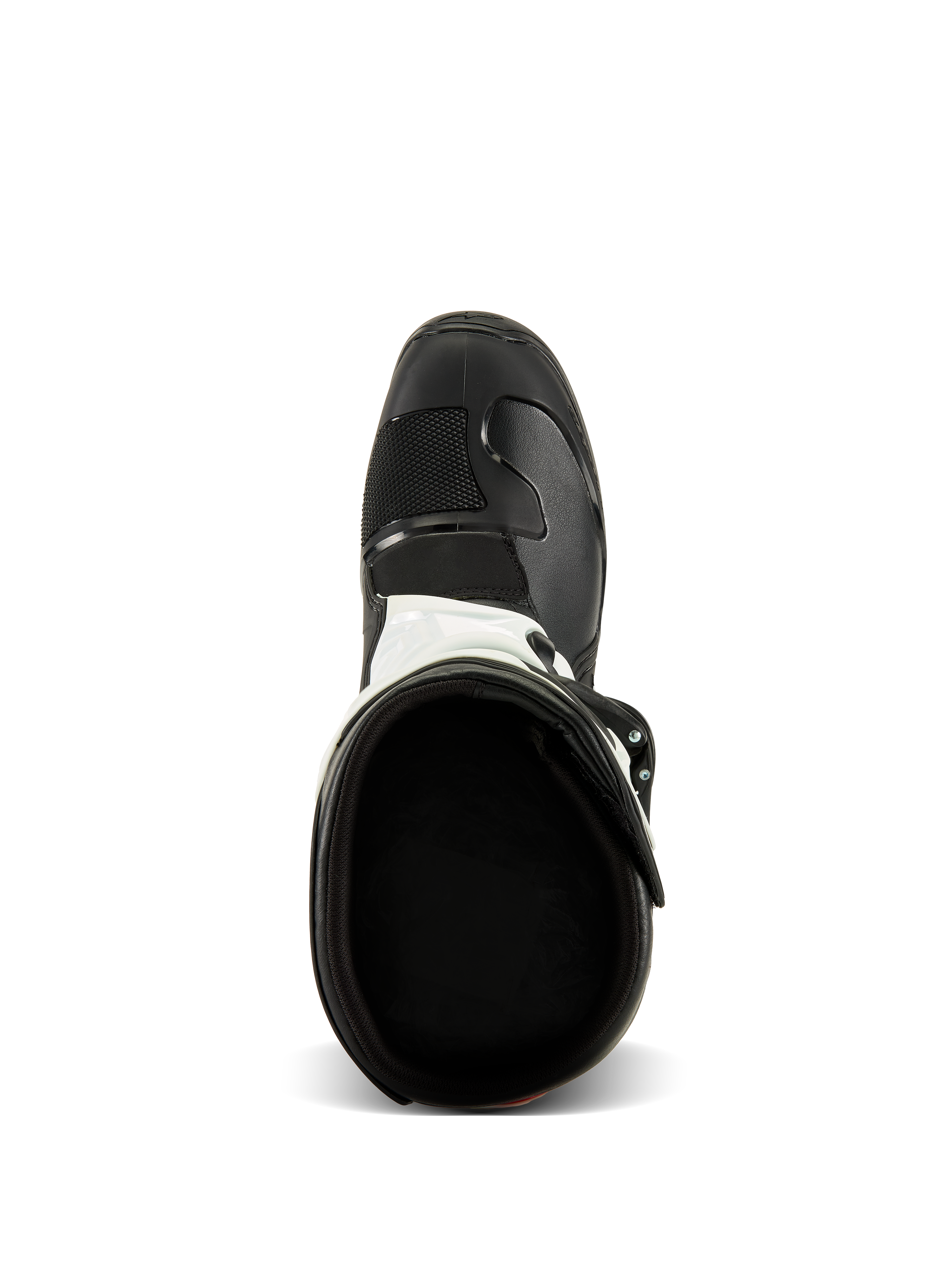 Alpinestars Tech 3 Boots, Top-down view, Black and White, showing the interior textile lining and reinforced black toe box, motocross and off-road protective footwear