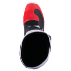 Alpinestars Tech 3 Boots, Motocross Boots, White Bright Red and Dark Blue, top-down view looking into the boot opening, featuring a red toe box and black interior lining, lightweight microfiber and TPU construction for off-road racing