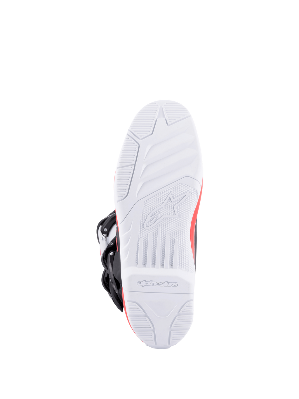 Alpinestars Tech 3 Boots, motocross boots shown from the underside with a high-grip white outsole, bright red and dark blue accents, and black buckles