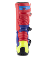 Alpinestars Tech 3 Boots, Motocross Boots, Bright Red, Dark Blue and Yellow Fluo, rear view featuring neon yellow heel counter, red upper, and blue support panels, rugged construction for off-road racing