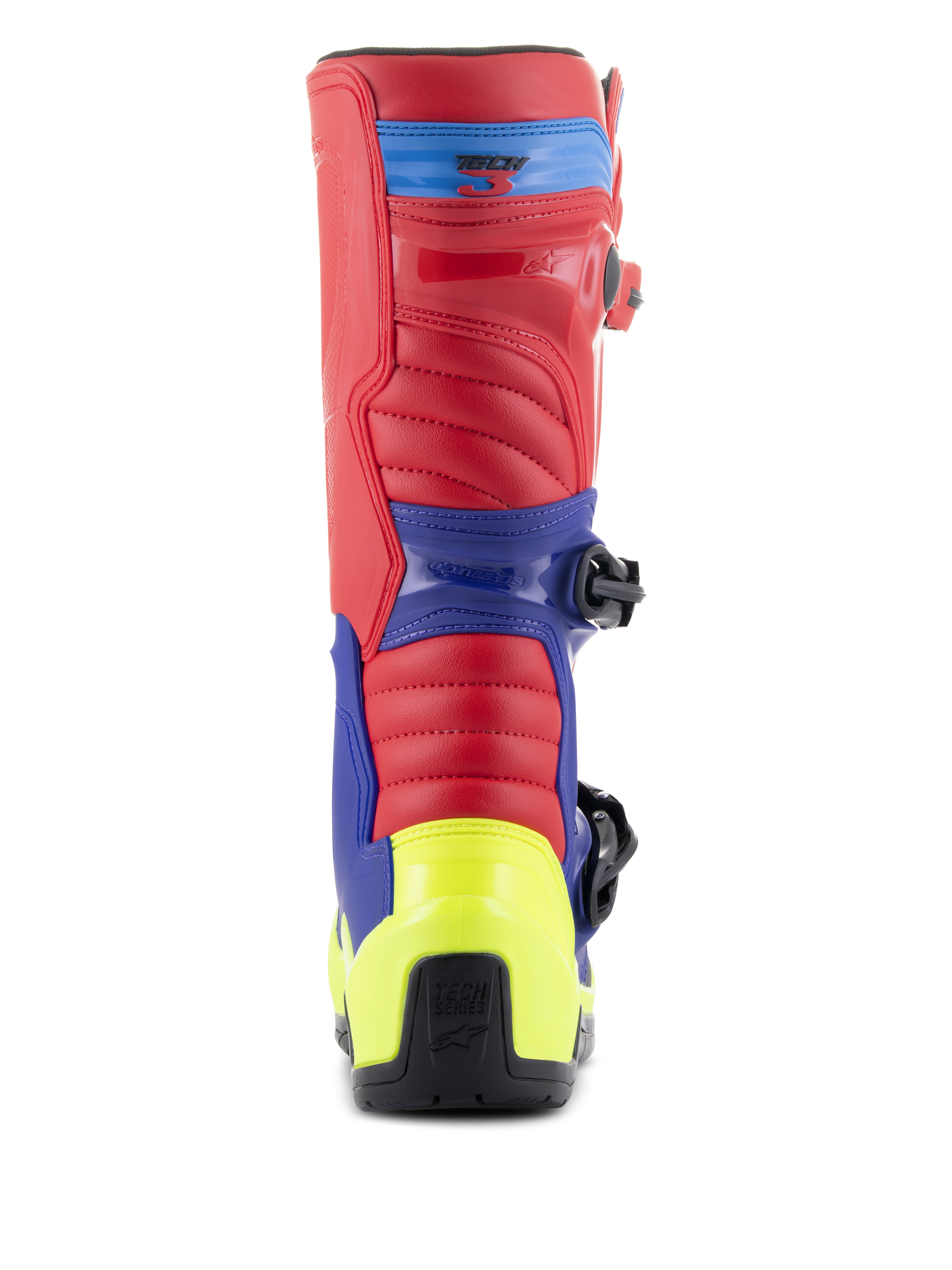 Alpinestars Tech 3 Boots, Motocross Boots, Bright Red, Dark Blue and Yellow Fluo, rear view featuring neon yellow heel counter, red upper, and blue support panels, rugged construction for off-road racing