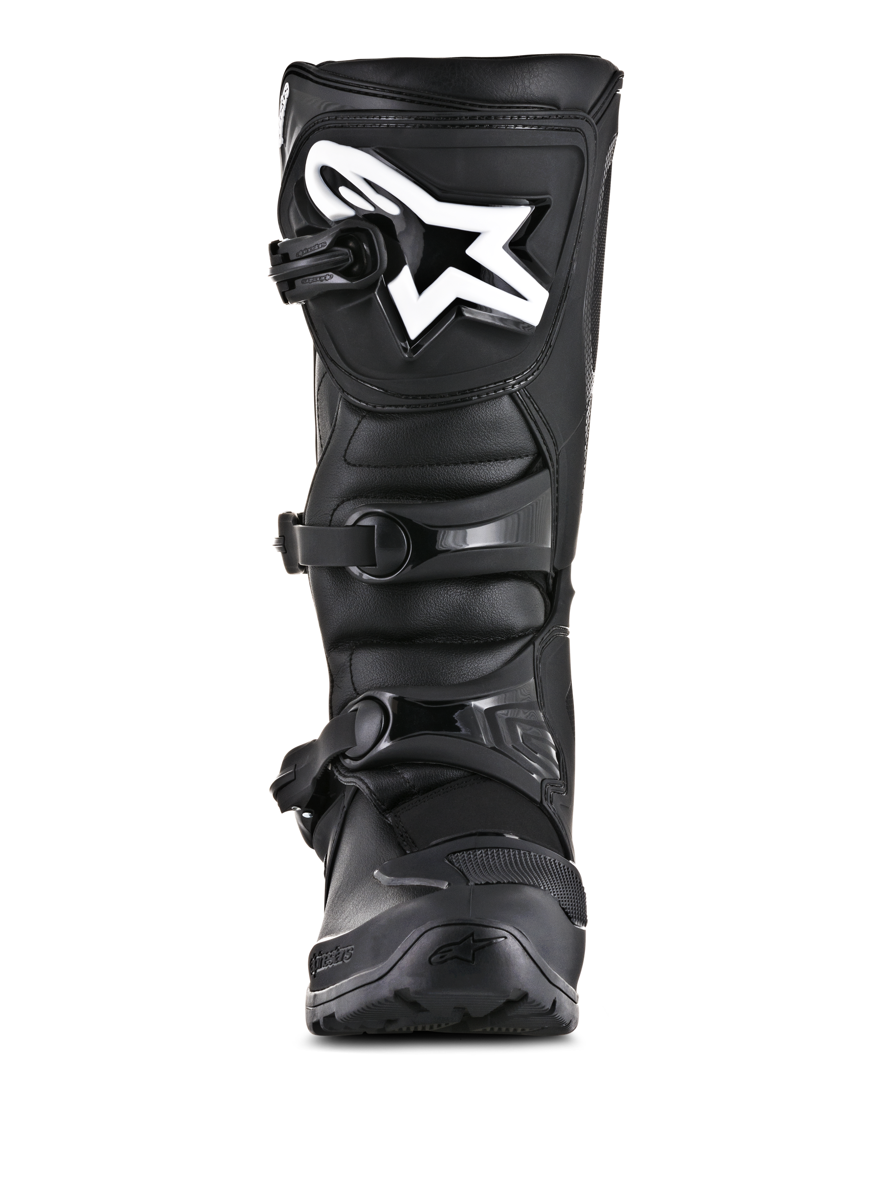 Alpinestars Tech 3 Enduro Boots, Off-Road Motorcycle Boots, Black, front view featuring a white Alpinestars logo on the shin plate, three-buckle closure system, and rugged microfiber and TPU construction.