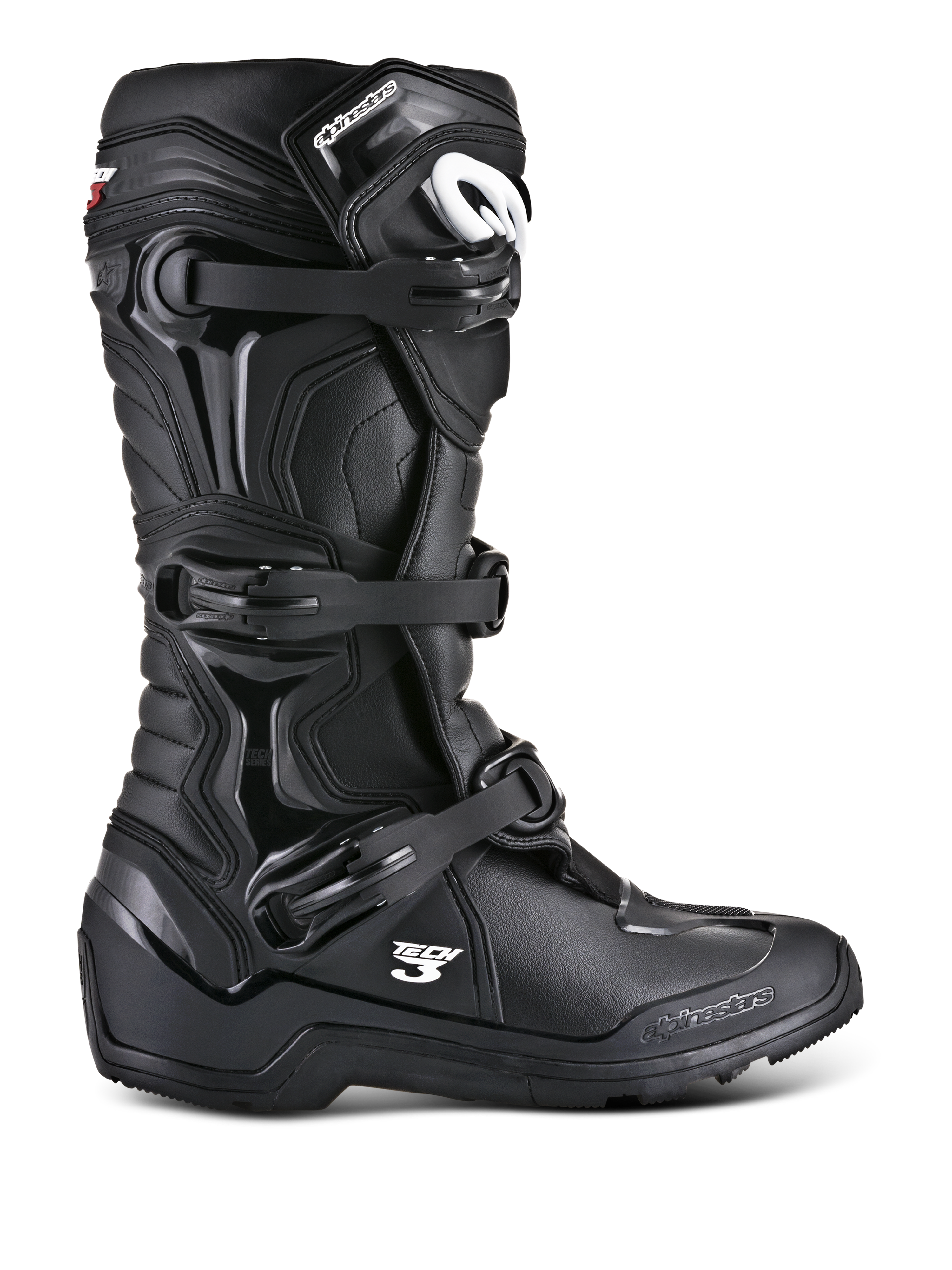 Alpinestars Tech 3 Enduro Boots, Black Off-Road Motorcycle Boots, side profile showing triple buckle closure system, reinforced TPU protection panels, high-traction lugged sole, and white Alpinestars branding.