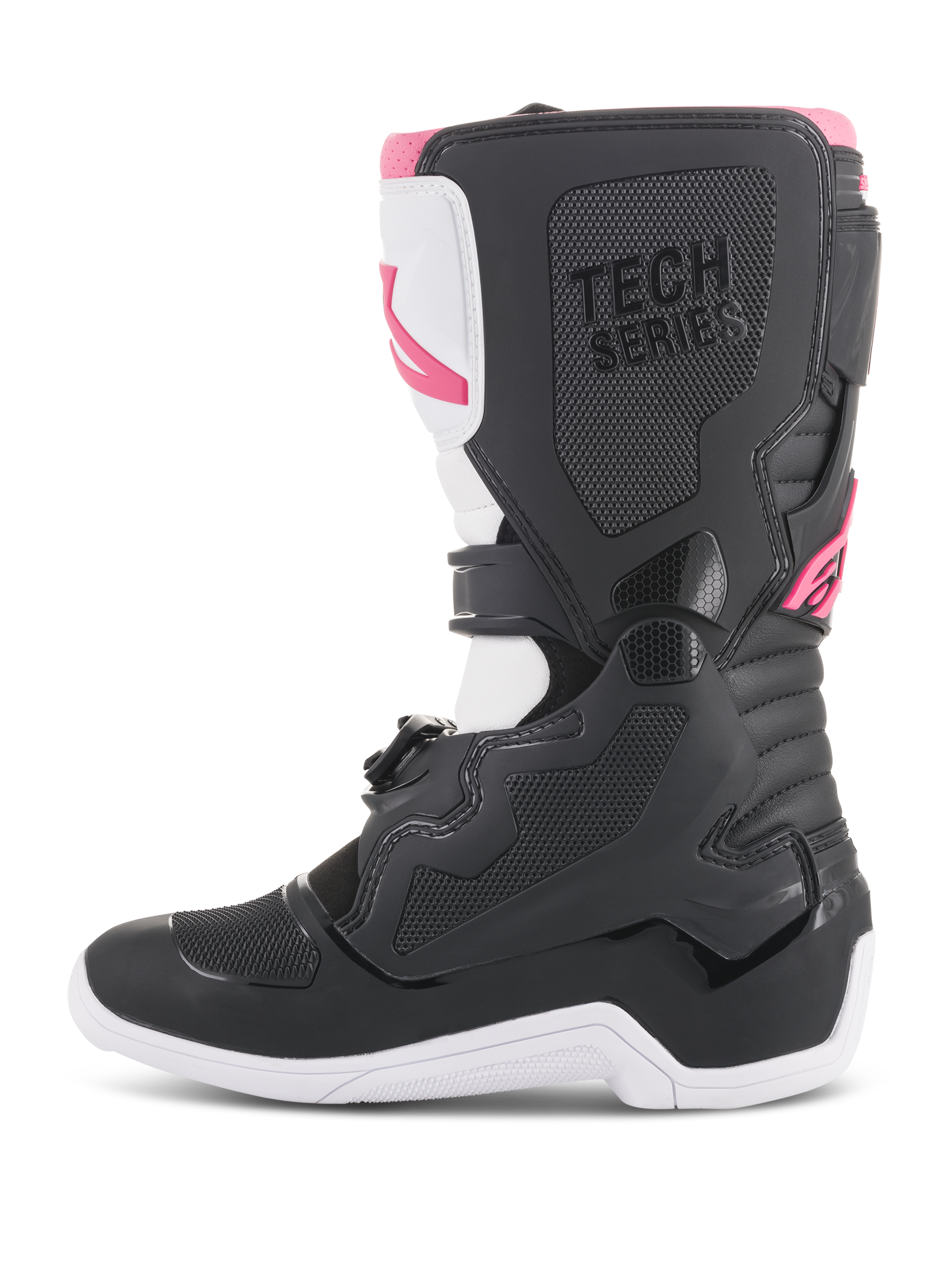 Alpinestars Women Stella Tech 3 Boots, Motocross Boots, Black White and Pink, side profile featuring protective TPU shin plate, textured grip panels, and 'TECH SERIES' branding for off-road racing