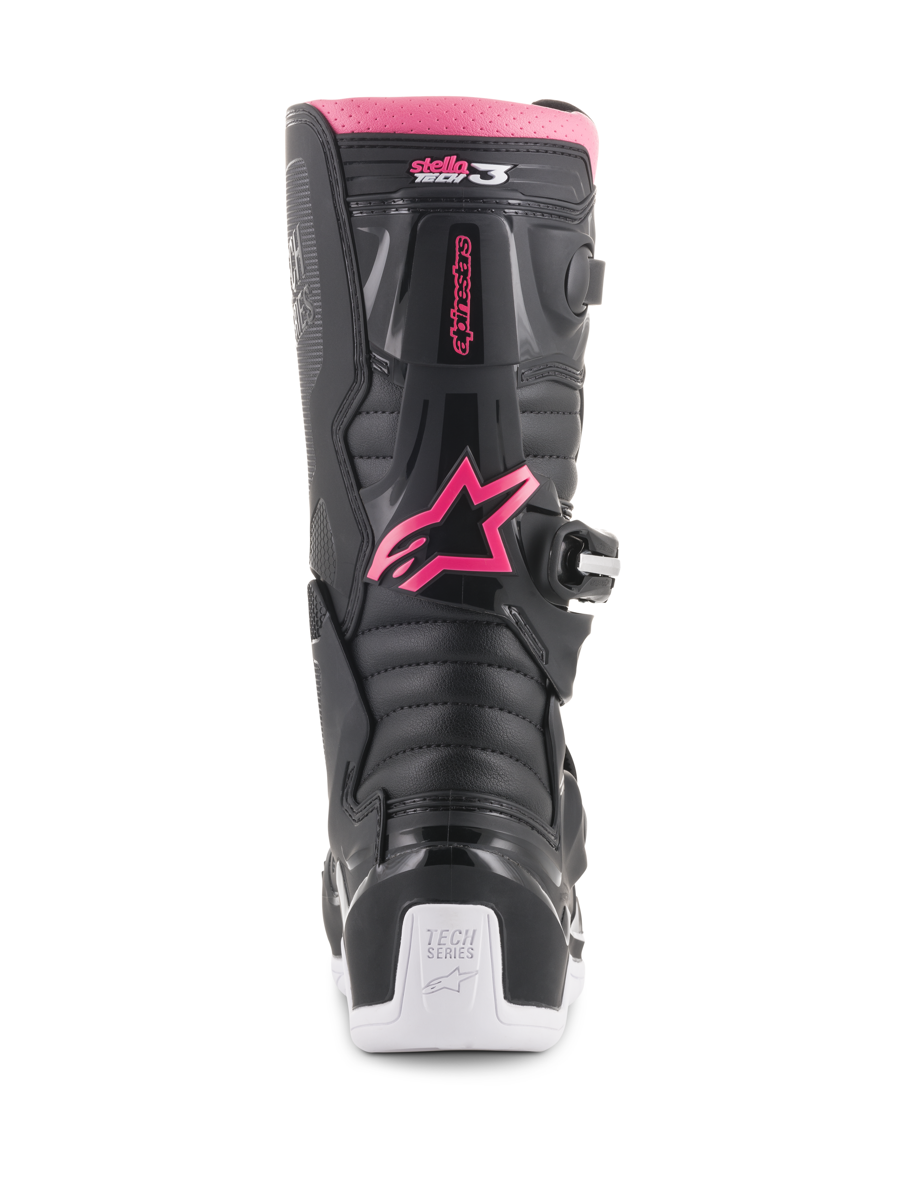 Alpinestars Women Stella Tech 3 Boots, Motocross Boots, Black White and Pink, back view showing the pink Alpinestars star logo, pink top rim, black textured panels, and white heel with Tech Series branding.