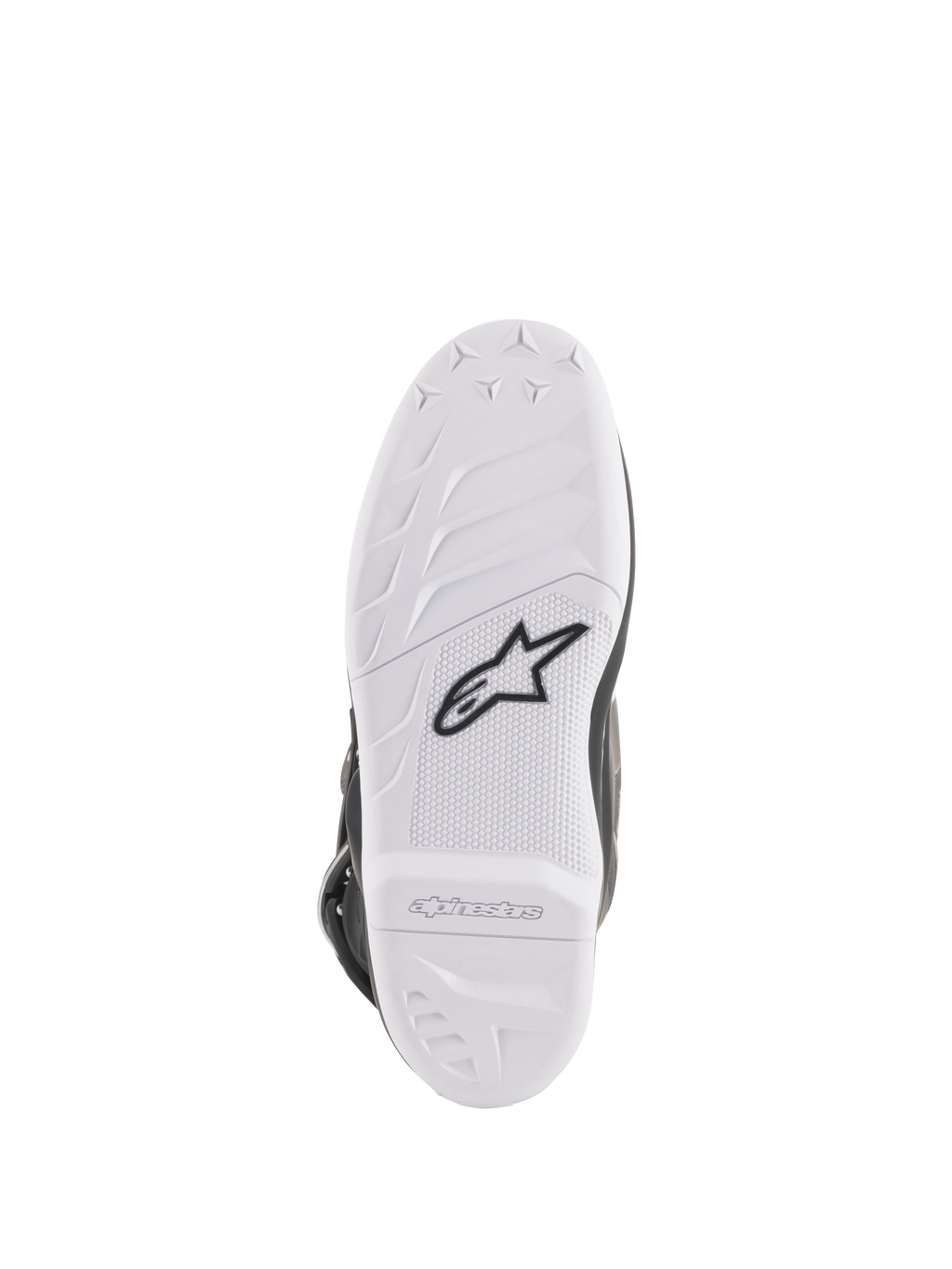 Alpinestars Women Stella Tech 3 Boots, Sole View, White rubber compound with black Astar logo, textured grip patterns and embossed branding, durable and replaceable motocross boot sole