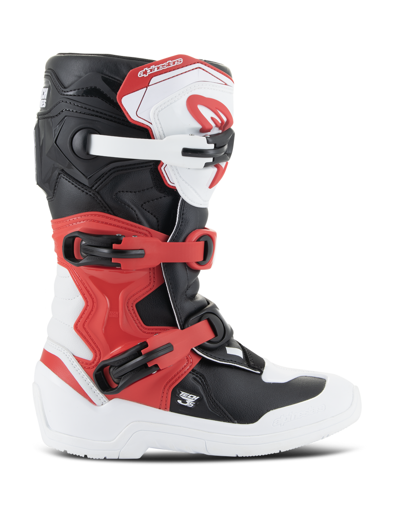 Alpinestars Youth Tech 3S Boots, Motocross Boots, White Black and Bright Red, side profile view, featuring a multi-buckle closure system, reinforced shin plate, and durable white sole, junior off-road protective gear