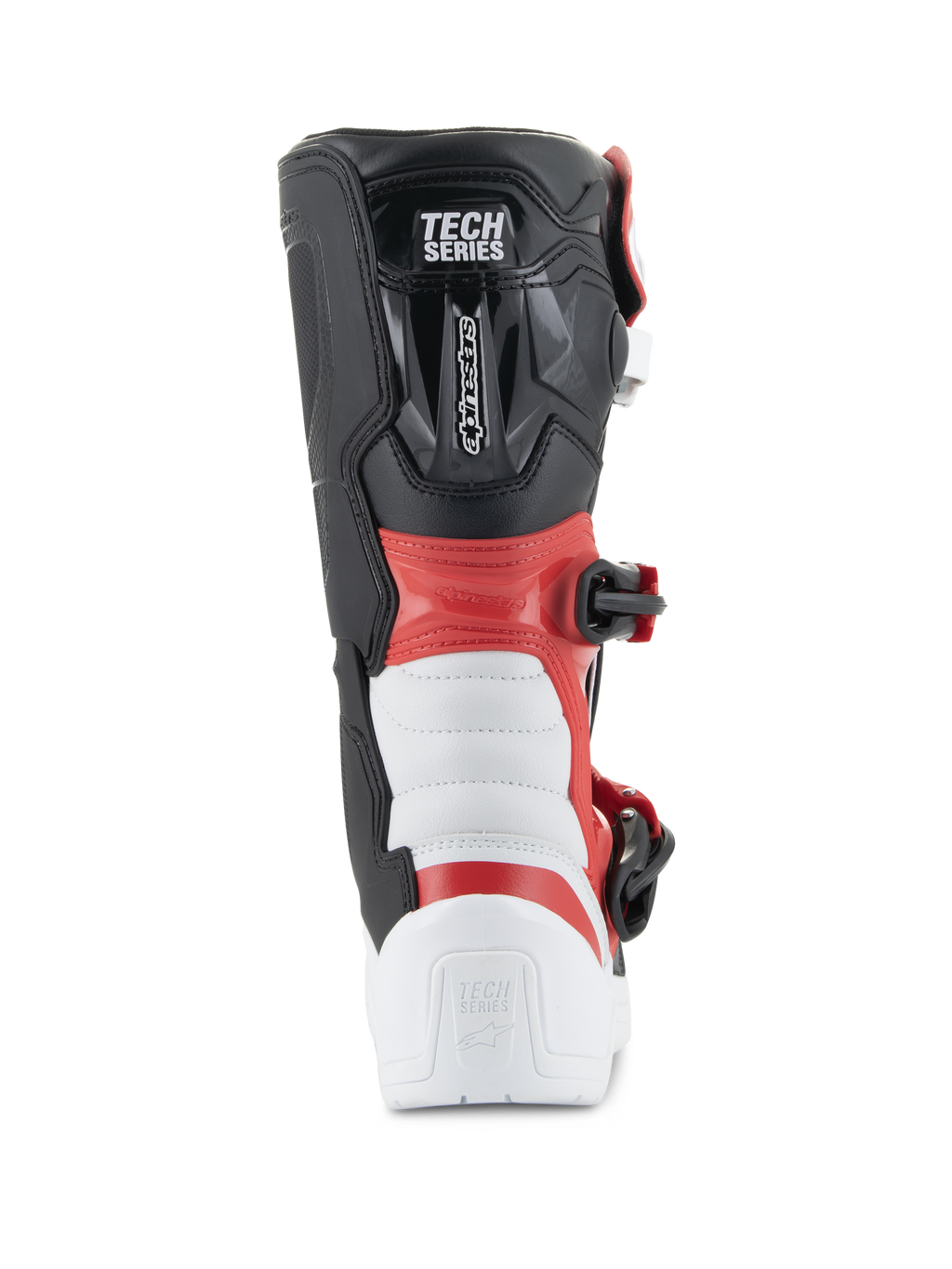 Alpinestars Youth Tech 3S Boots, Motocross Boots, White Black and Bright Red, rear view showing 'TECH SERIES' branding, reinforced heel and calf protection, durable microfiber construction for off-road racing