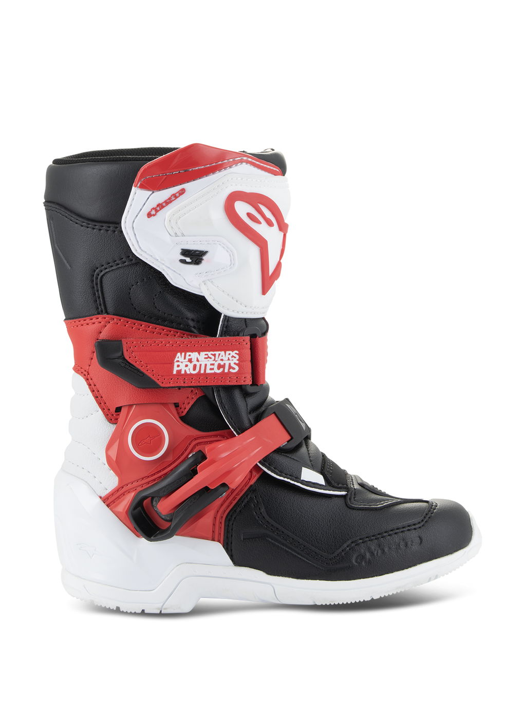 Alpinestars Kids Tech 3S Boots, Youth Motocross Boots, White Black and Bright Red, featuring a high-ankle protective design, adjustable red straps, white shin plate with red logo, and a durable white outsole.