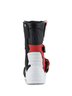 Alpinestars Kids Tech 3S Boots, Motocross Boots, White Black and Bright Red, rear view featuring white reinforced heel with embossed Tech Series logo, red mid-section, black upper cuff, and side buckle detail, protective off-road footwear