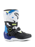 Alpinestars Kids Tech 3S Boots, Youth Motocross Boots, White and Black with Enamel Blue and Yellow accents, side view showing protective buckle straps and rugged sole, off-road racing footwear