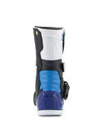 Alpinestars Kids Tech 3S Boots, Motocross Boots, White Black Enamel Blue, rear view featuring a blue padded heel section and translucent blue heel cup, durable off-road protective gear for kids
