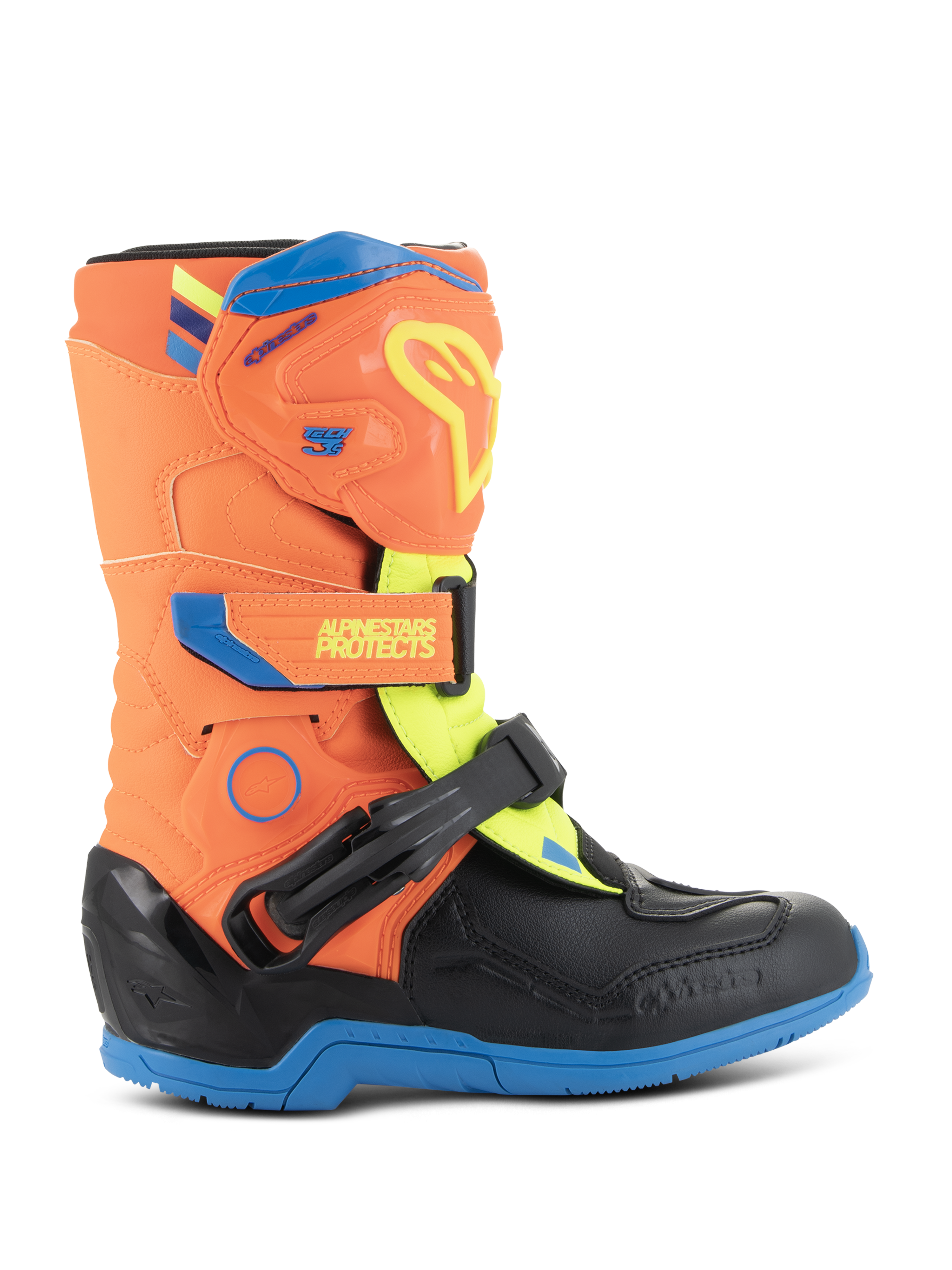 Alpinestars Kids Tech 3S Boots, Youth Motocross Boots, Orange Fluo, Enamel Blue, and Yellow Fluo, featuring a protective TPU shin plate, adjustable hook and loop straps, and a durable blue rubber sole, designed for off-road racing.