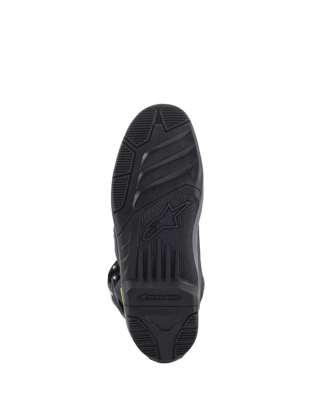 Alpinestars Tech 5 Boots, Sole View, Black, detailed textured tread pattern for off-road grip, featuring embossed Alpinestars logo and star symbol, durable motocross footwear construction