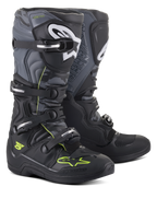 Alpinestars Tech 5 Boots, Motocross and Off-Road Boots, Black Cool Gray and Yellow Fluo, featuring a four-buckle closure system, white shin logos, and neon yellow accents, durable microfiber construction for off-road performance.