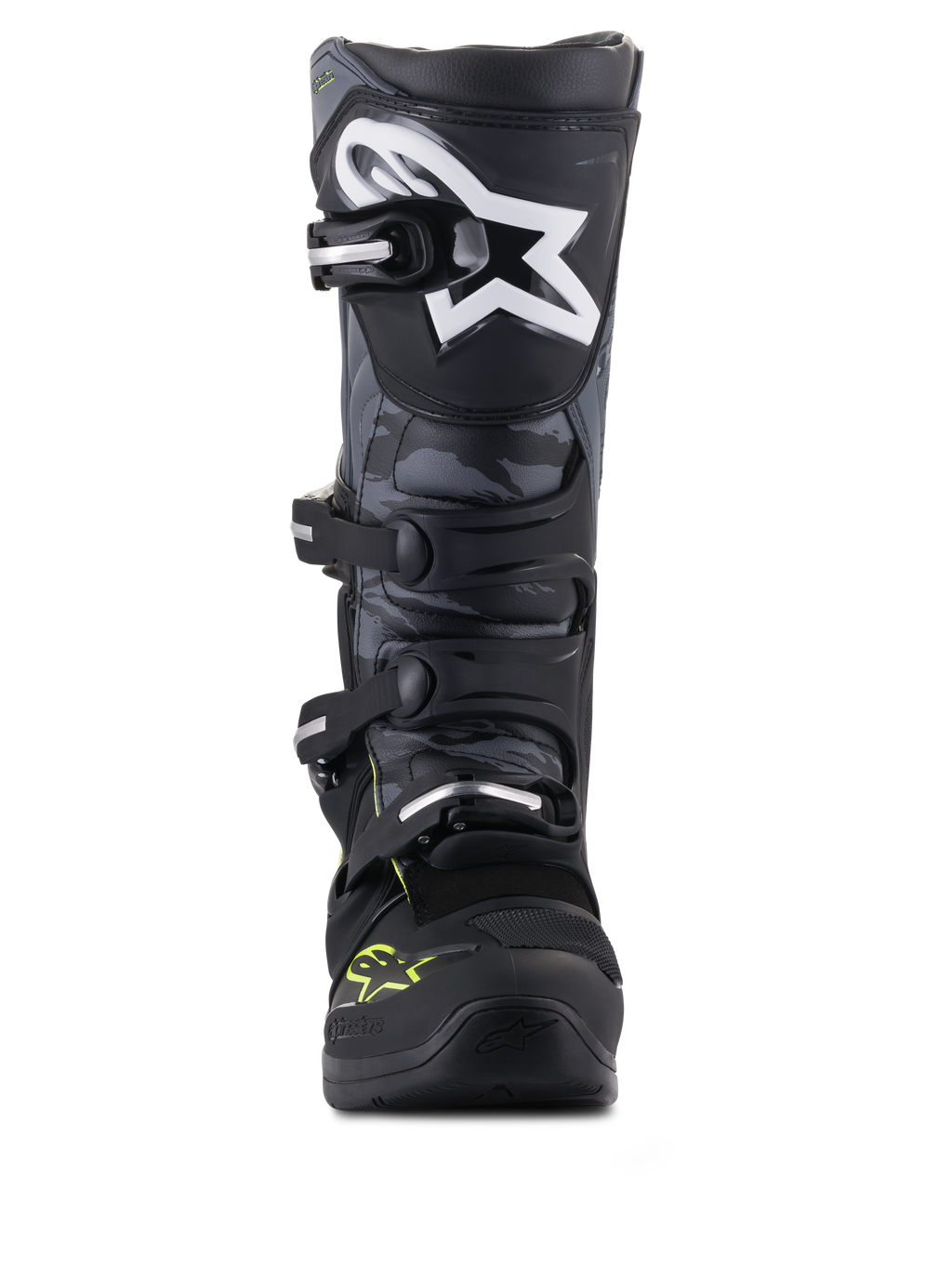 Alpinestars Tech 5 Motocross Boots, Black and Cool Gray with Yellow Fluo, front view with camo panels and star logo.