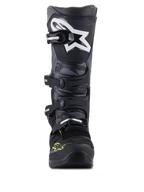 Alpinestars Tech 5 Motocross Boots, Black and Cool Gray with Yellow Fluo, front view with camo panels and star logo.