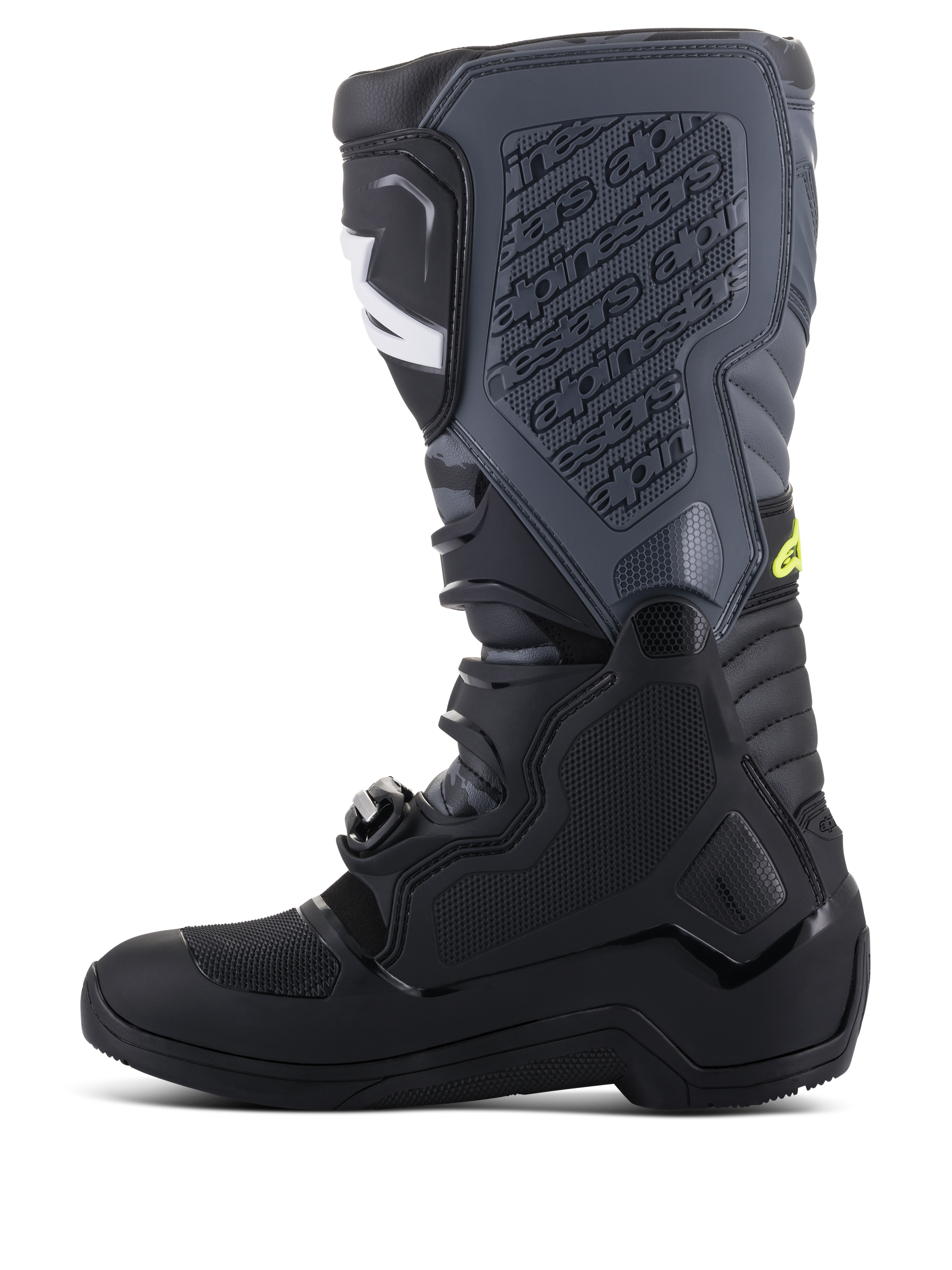 Alpinestars Tech 5 Boots, Motocross Boots, Black and Cool Gray with Yellow Fluo accents, side profile showing tall multi-panel construction, buckle closure system, and textured shin plate with embossed branding, off-road racing footwear