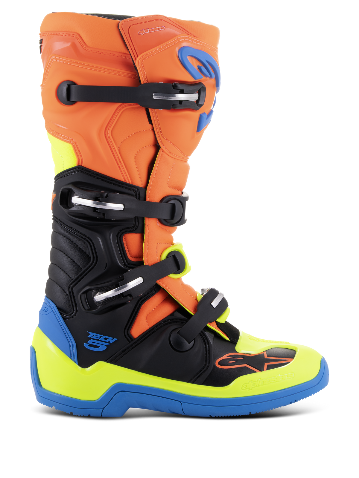 Alpinestars Tech 5 Boots, Motocross Racing Boots, Orange Fluo, Enamel Blue, and Yellow Fluo with Black, featuring a four-buckle system, microfiber construction with biomechanical pivot, and a reinforced blue sole.