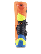 Alpinestars Tech 5 Boots, Motocross Boots, Orange Fluo, Enamel Blue and Yellow Fluo, rear view showing accordion flex zones, durable polymer calf protector, and bold multi-color panel design for off-road racing