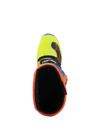 Alpinestars Tech 5 Boots, top-down view looking into the opening, featuring vibrant Orange Fluo collar and Yellow Fluo toe box, black interior lining, durable off-road motocross footwear
