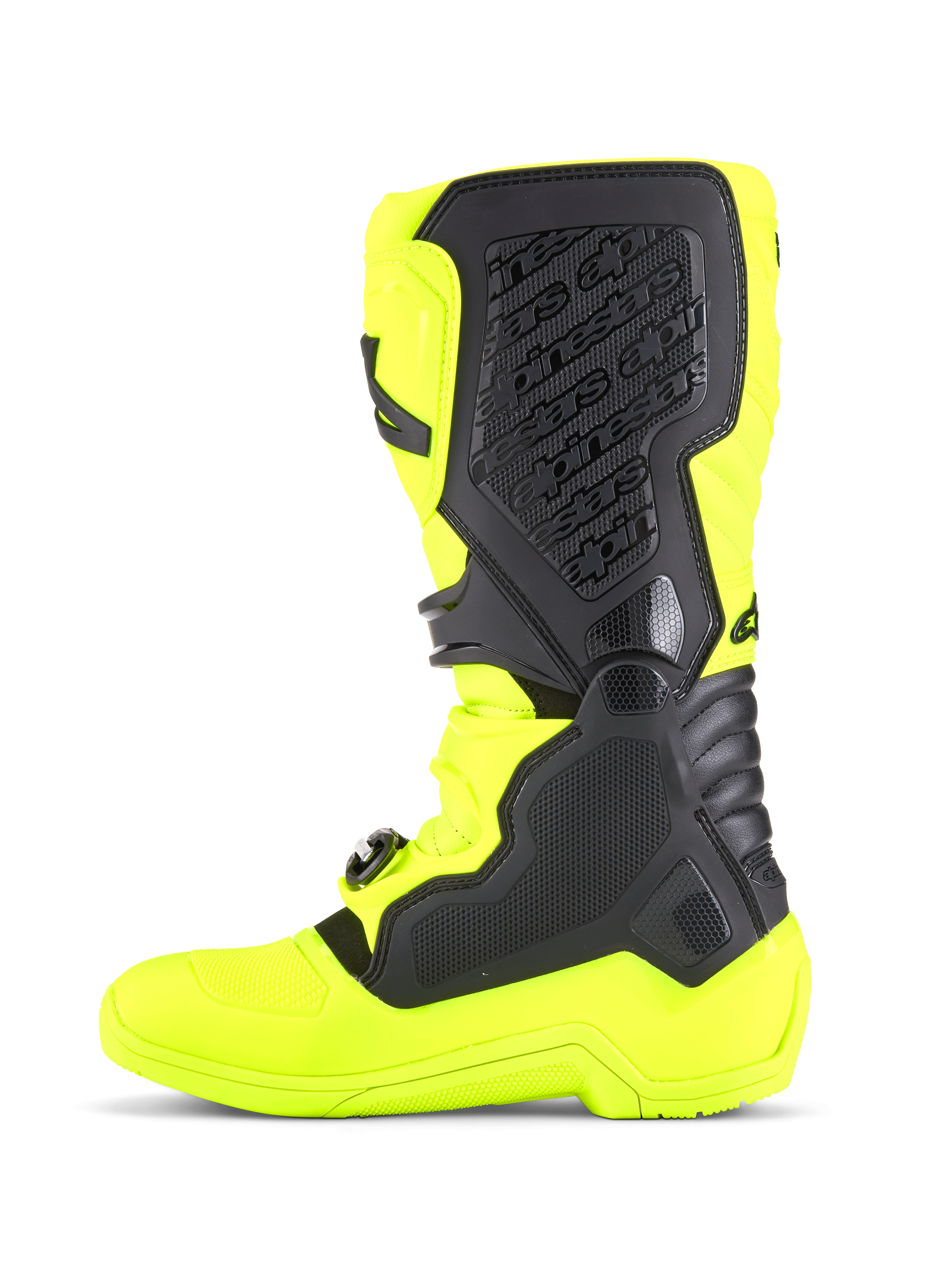 Alpinestars Tech 5 Boots, Motocross Boots, Yellow Fluo and Black, featuring a side view of the durable microfiber chassis, TPU protective panels, and medial biomechanical pivot system for off-road riding.