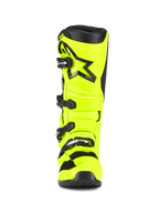 Alpinestars Tech 5 Boots, Motocross Boots, Yellow Fluo and Black, front view featuring a four-buckle closure system, reinforced shin plate with a black star logo, and a durable multi-material construction for off-road racing