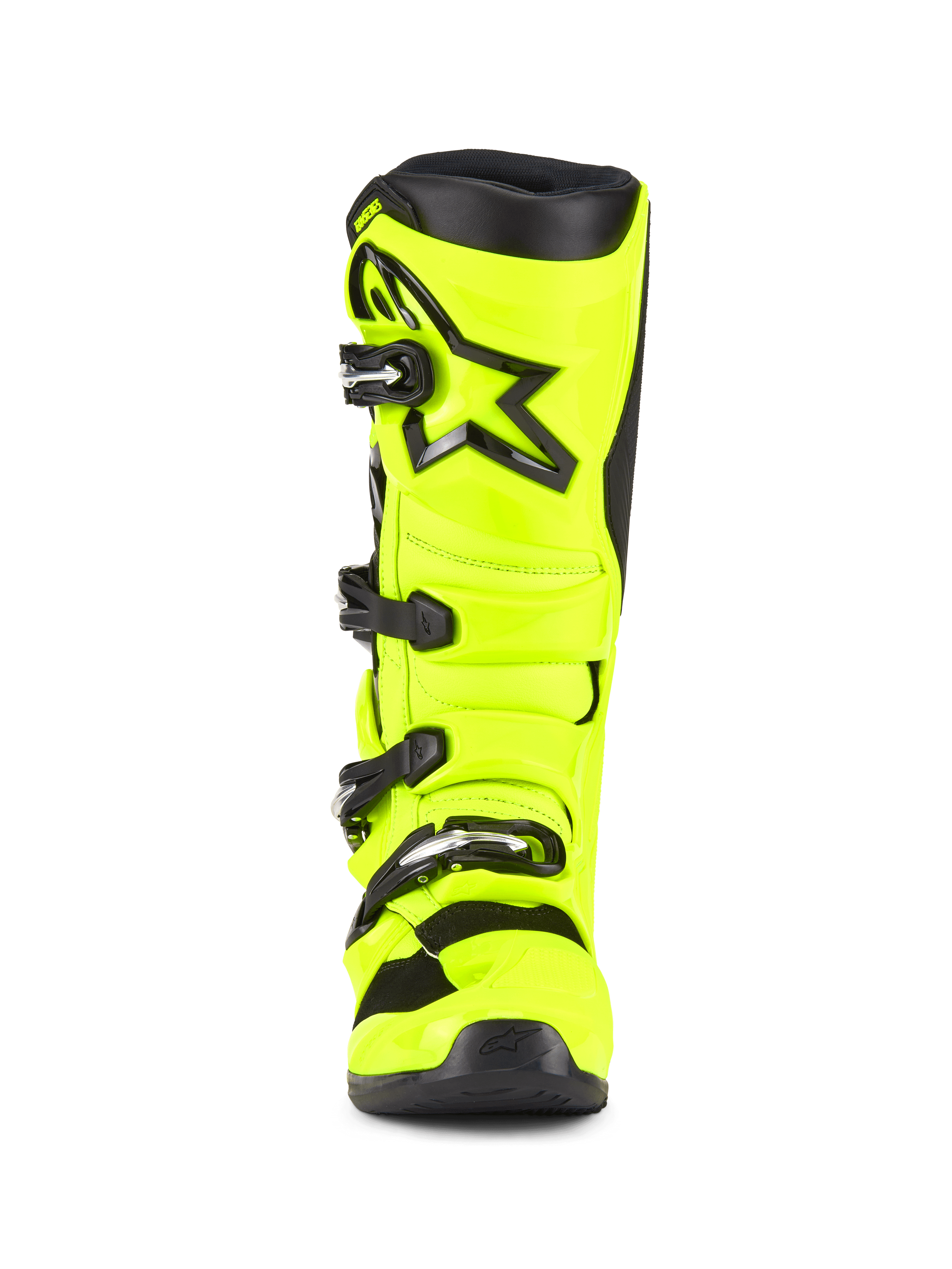 Alpinestars Tech 5 Boots, Motocross Boots, Yellow Fluo and Black, front view featuring a four-buckle closure system, reinforced shin plate with a black star logo, and a durable multi-material construction for off-road racing