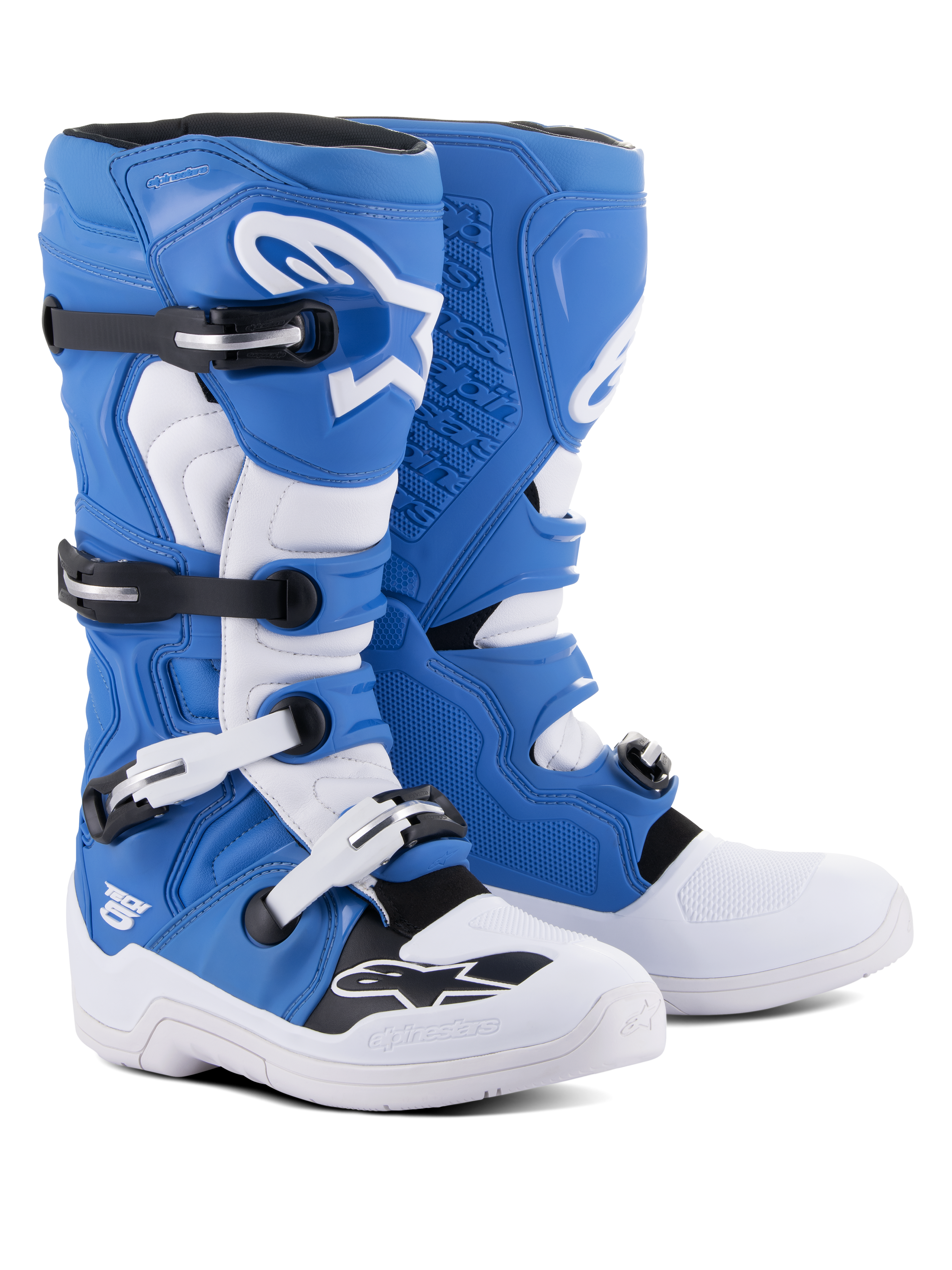 Alpinestars Tech 5 Boots, Motocross and Off-Road Boots, Blue and White, multi-material construction with four black and white buckles, white shin plate with large Astars logo, and durable white sole.