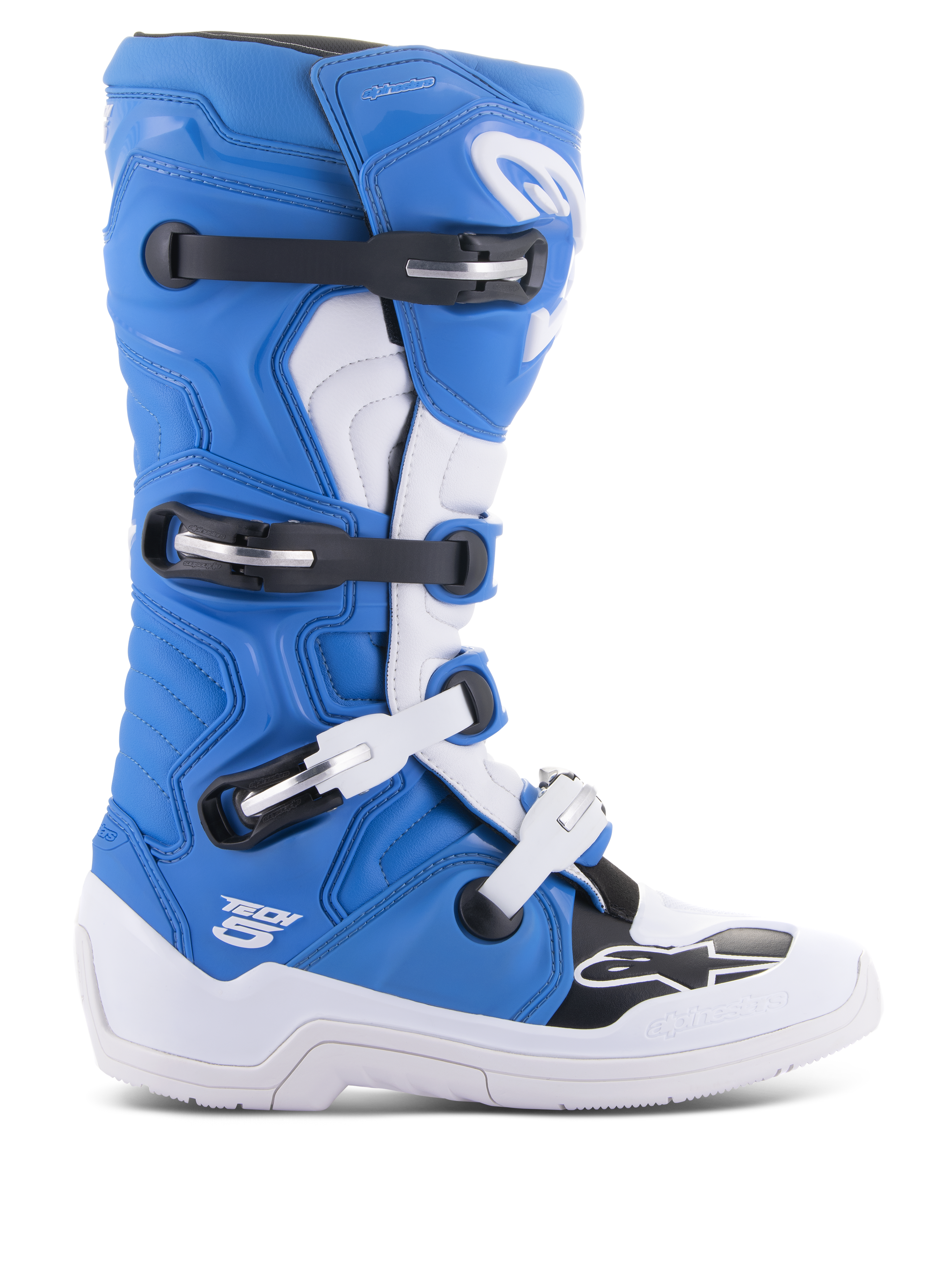 Alpinestars Tech 5 Boots, Motocross Boots, Blue and White with black accents, high-top off-road racing design, four adjustable buckles, reinforced shin plate, Alpinestars star logo on the toe, durable construction for dirt bike performance