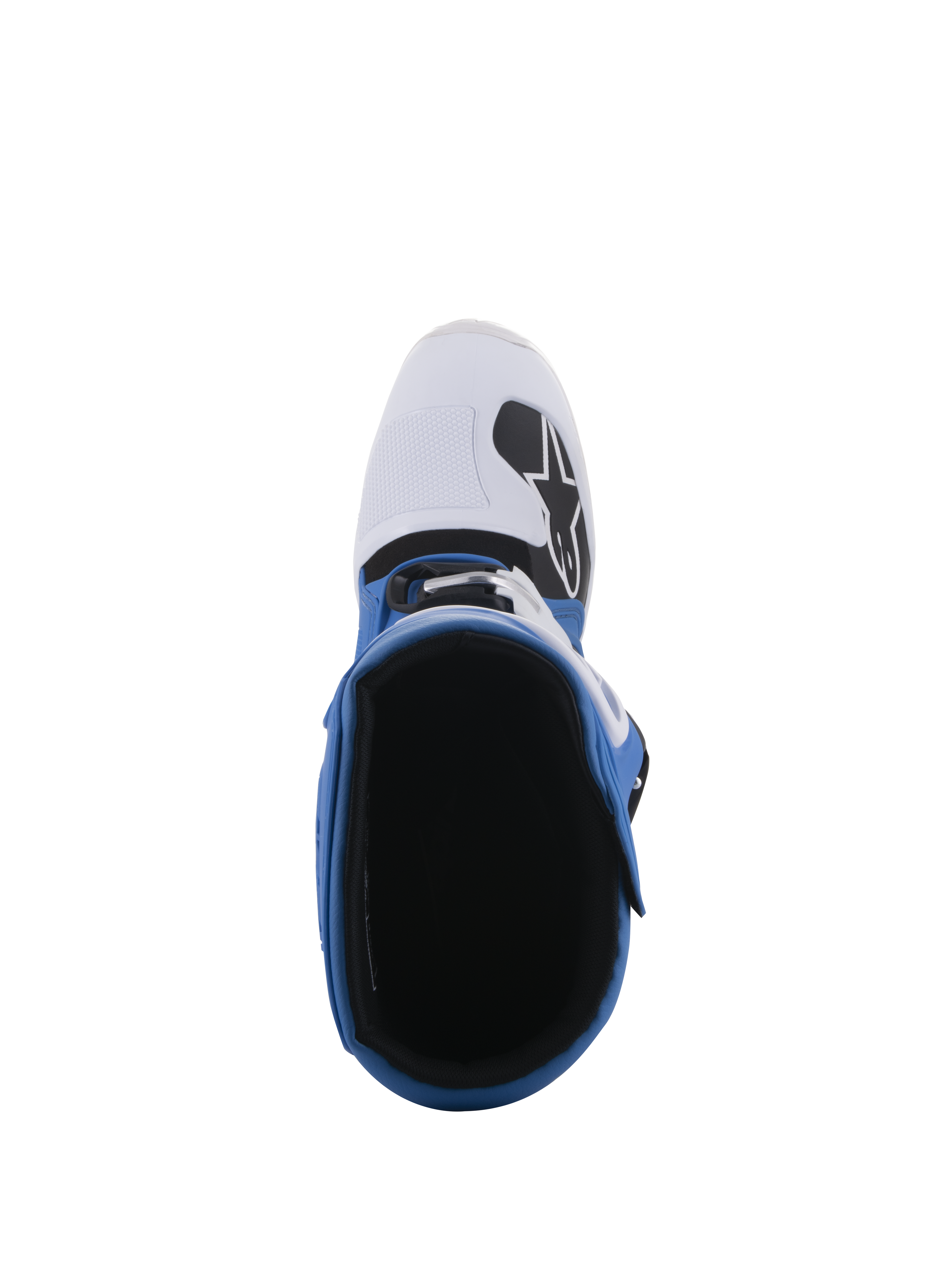Alpinestars Tech 5 Boots, Blue and White, top-down perspective showing the interior lining and white toe box with black logo, multi-panel construction for off-road and motocross racing