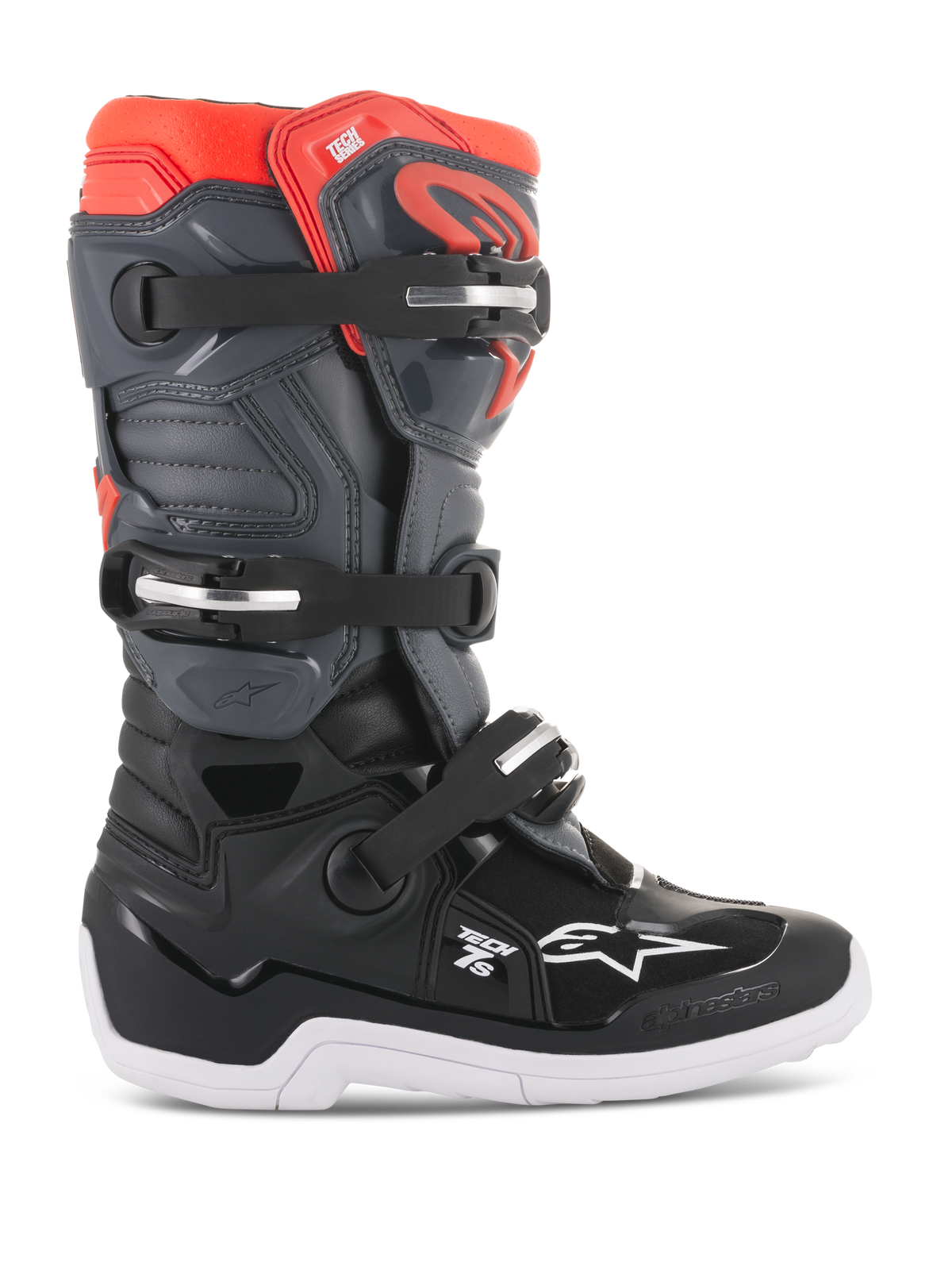 Alpinestars Youth Tech 7S Boots, Motocross Off-road Boots, Black Dark Gray and Red Fluorescent, high-top structure with three adjustable buckles, reinforced toe and heel, thick white sole with grip patterns, durable TPU protection and synthetic upper