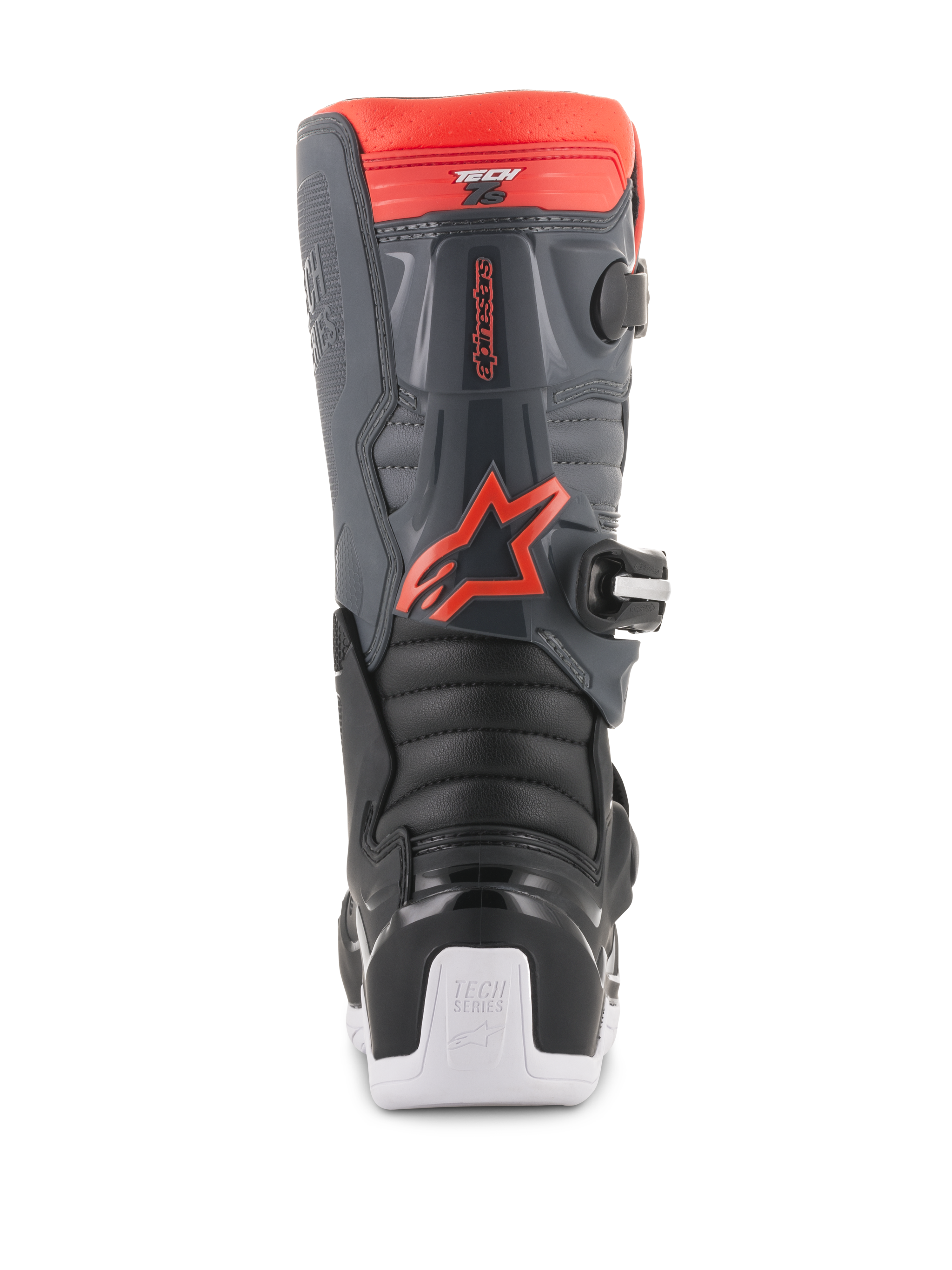 Alpinestars Youth Tech 7S Boots, Motocross Boots, Black Dark Gray and Red Fluorescent, rear view featuring TPU protection panels, red fluorescent Alpinestars logo, and white sole accents, durable off-road protective footwear.