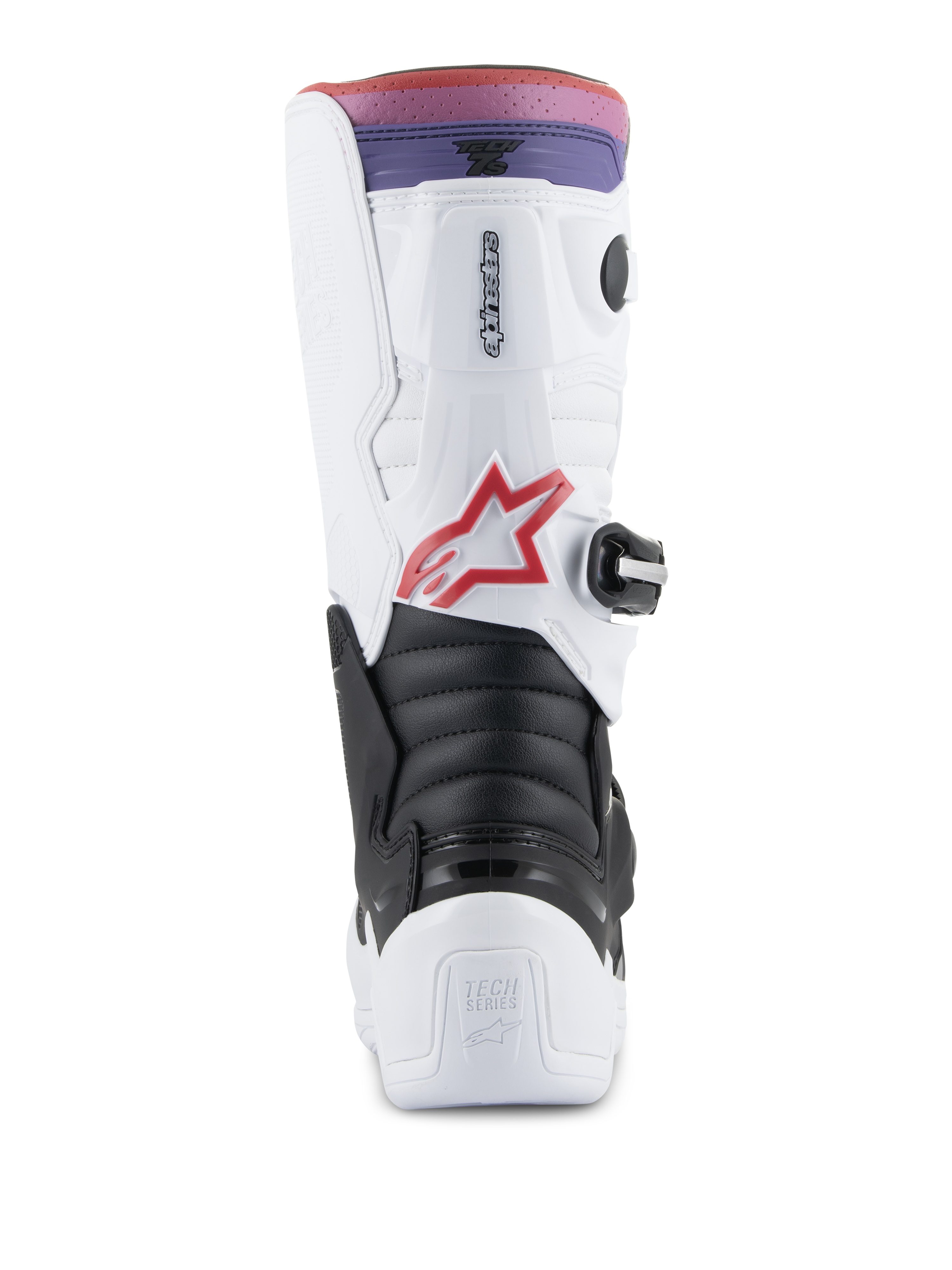 Alpinestars Youth Tech 7S Boots, Motocross Boots, White, Black, and Rainbow, rear view showing heel and calf protection, black accordion flex zone, red star logo, and a pink and purple gradient top band