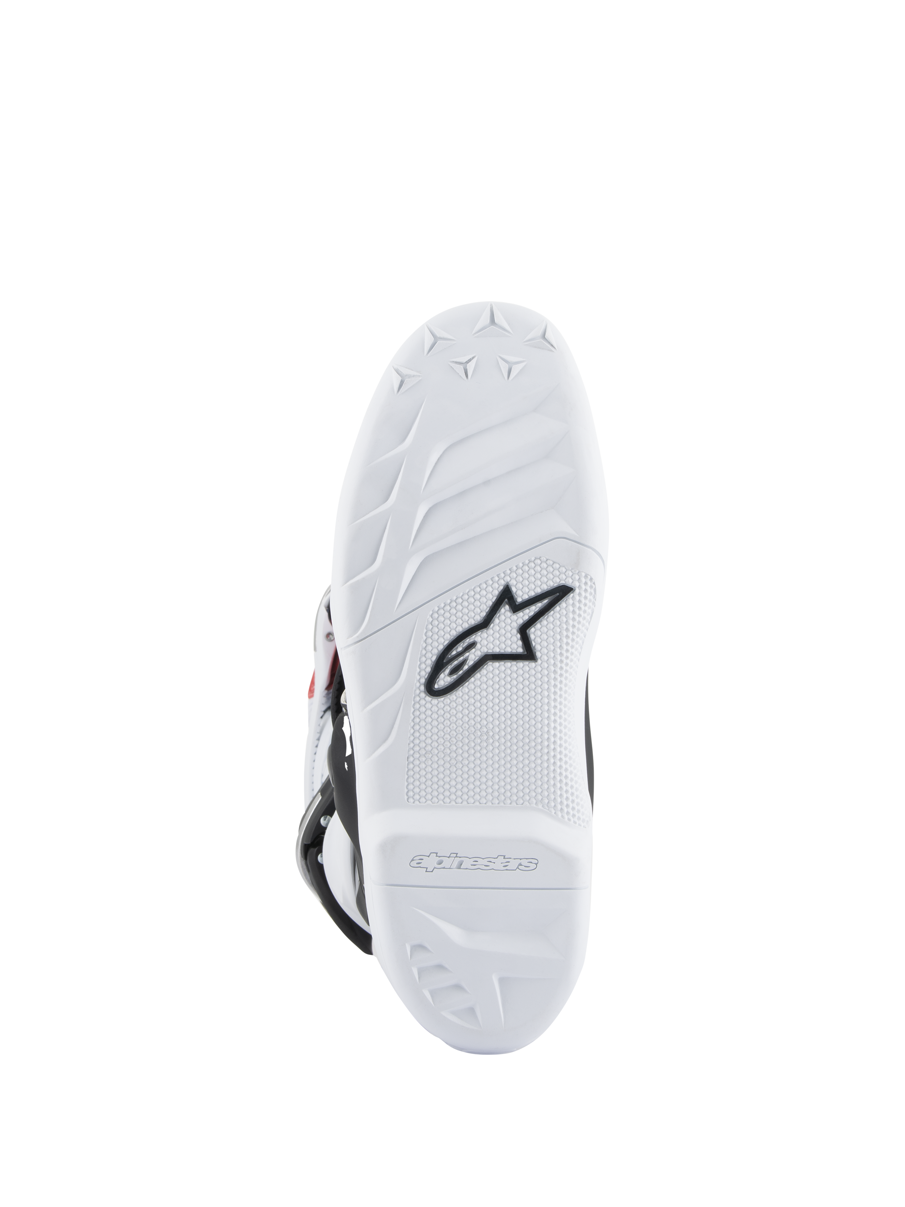 Alpinestars Youth Tech 7S Boots, Motocross Boots, White sole with black Astars logo, textured grip pattern, durable compound material for off-road performance
