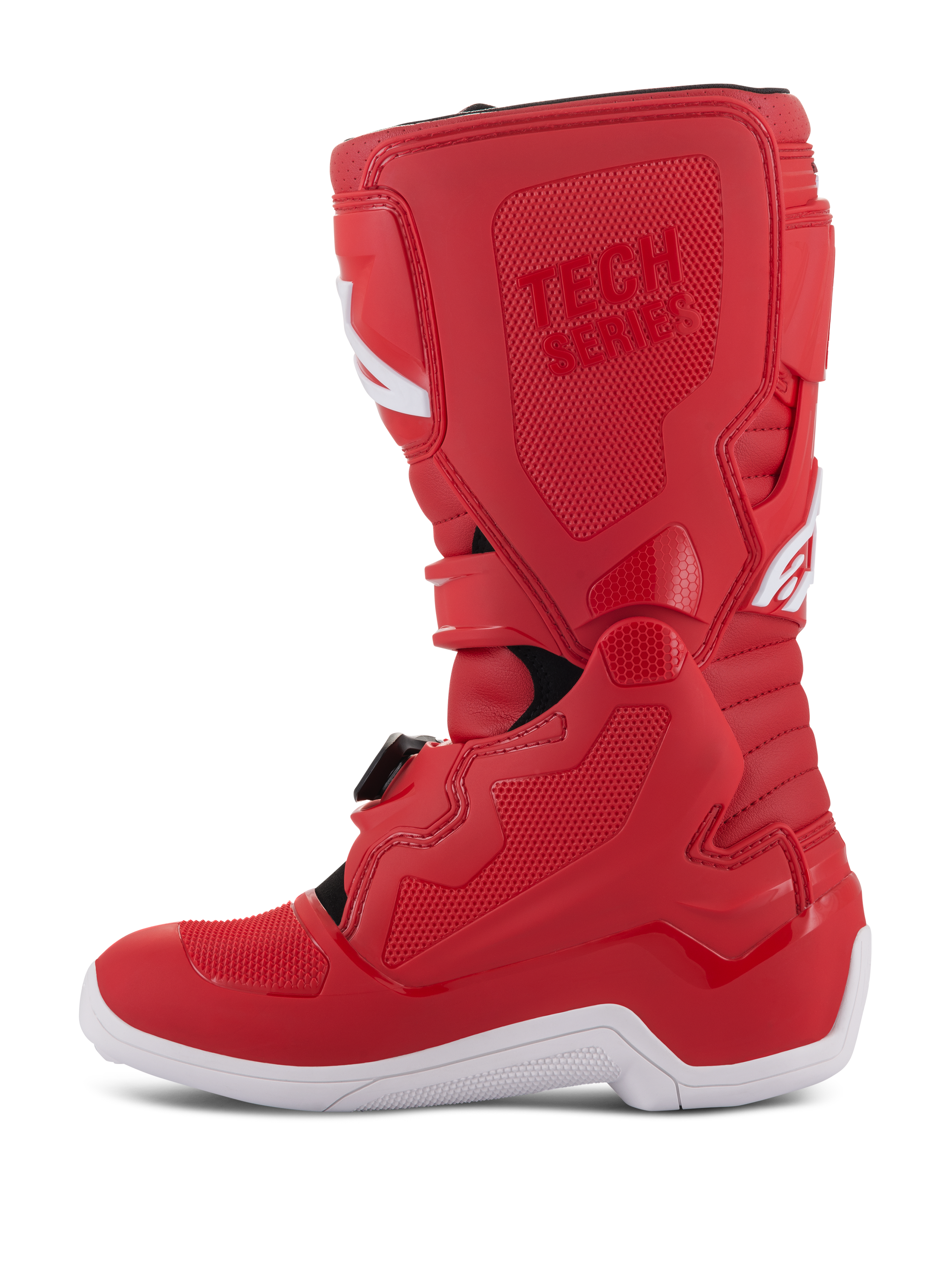 Alpinestars Youth Tech 7S Boots, Youth Motocross Boots, Red, featuring a white sole, TPU reinforced panels, multiple buckle closures, and 'TECH SERIES' branding, designed for junior off-road riders