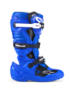 Alpinestars Youth Tech 7 S Boots, Motocross Boots, Blue Black and White, side view showing PU-reinforced microfiber upper, four-buckle closure system with white and black straps, TPU shin plate, and Alpinestars logo, protective off-road footwear for youth riders