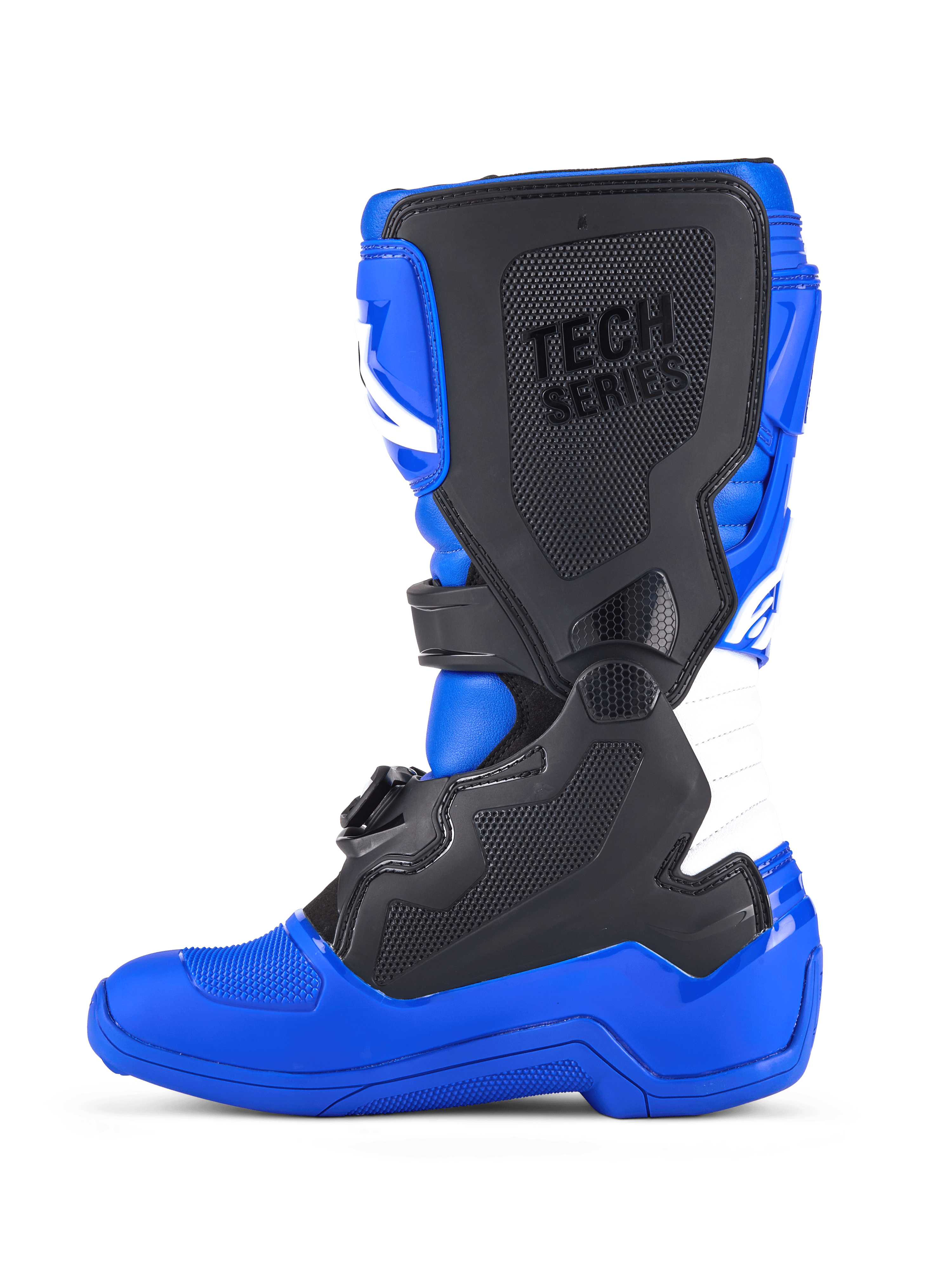 Alpinestars Youth Tech 7 S Boots, Motocross Boots, Blue Black and White, lateral side view showing black protective TPU panels, 'TECH SERIES' branding on the shin plate, white accordion flex zone, and a durable blue sole designed for off-road racing.