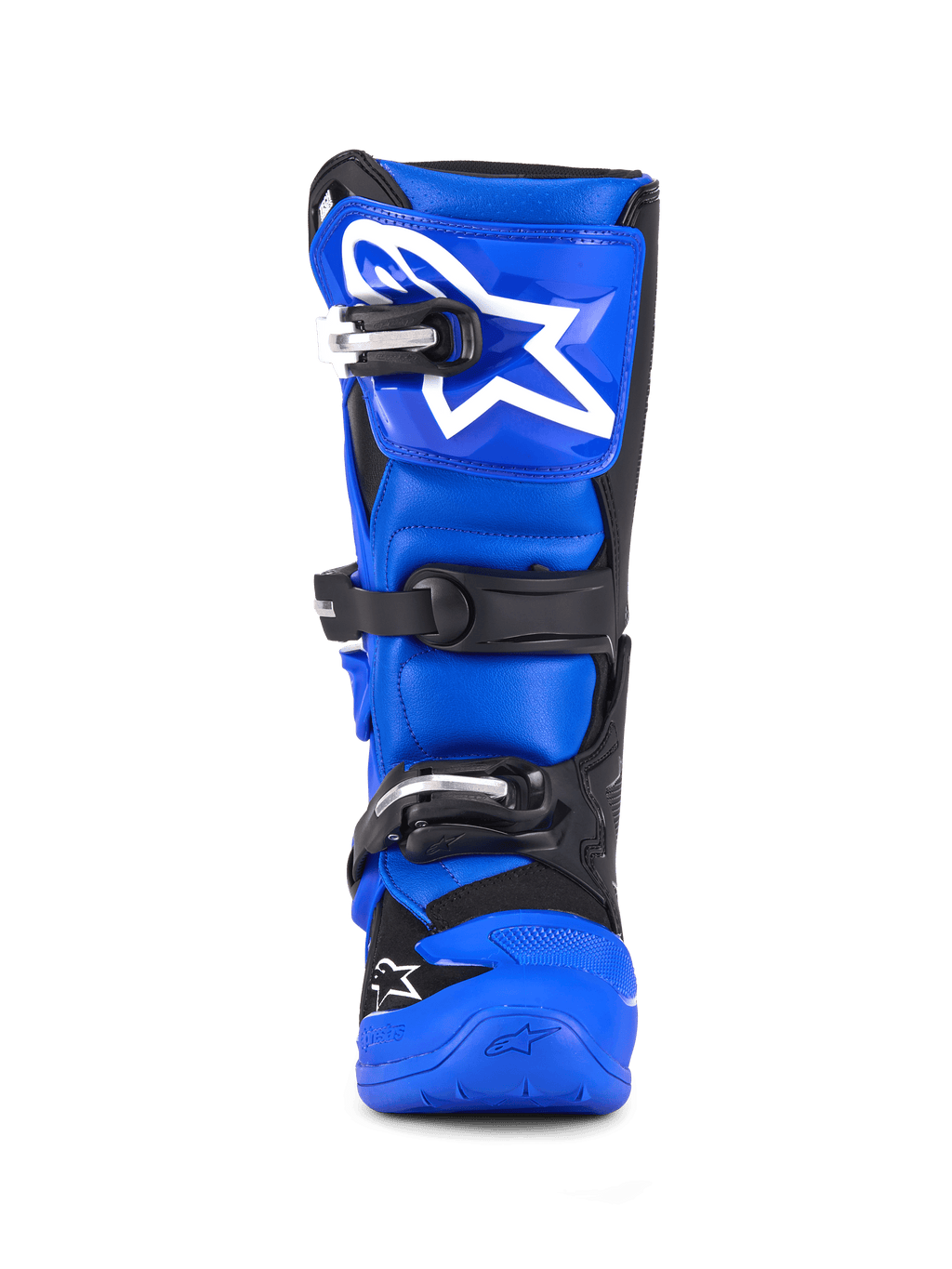 Alpinestars Youth Tech 7 S Boots, Motocross Boots, Blue Black and White, front view featuring triple buckle closure, large white Alpinestars logo on the shin plate, durable blue sole, high-performance protective gear for young riders