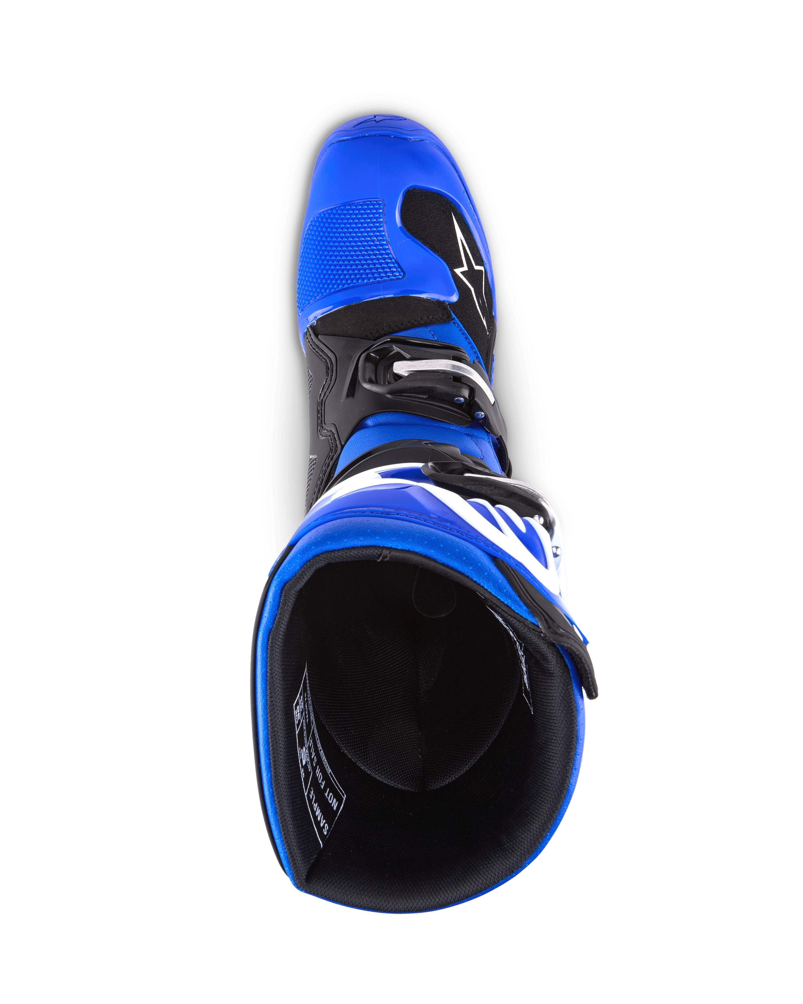 Alpinestars Youth Tech 7 S Boots, Motocross Boots, Blue Black and White, top-down view looking into the boot interior, showing blue outer shell and black lining, durable construction with white branding for youth motocross racing