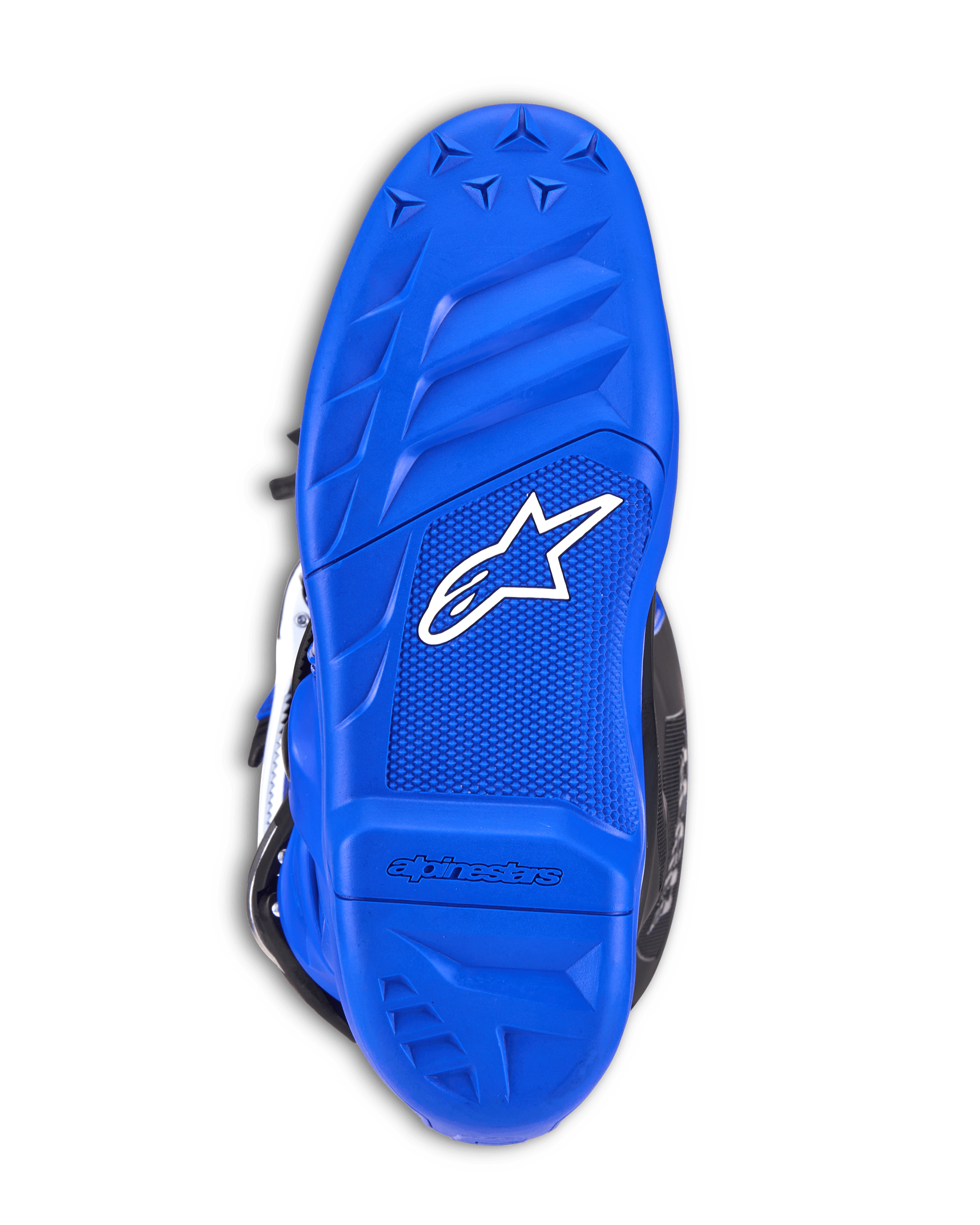 Alpinestars Youth Tech 7 S Boots, Motocross Boots, Blue sole with white Alpinestars logo, textured rubber grip pattern, durable outsole designed for off-road traction and peg control